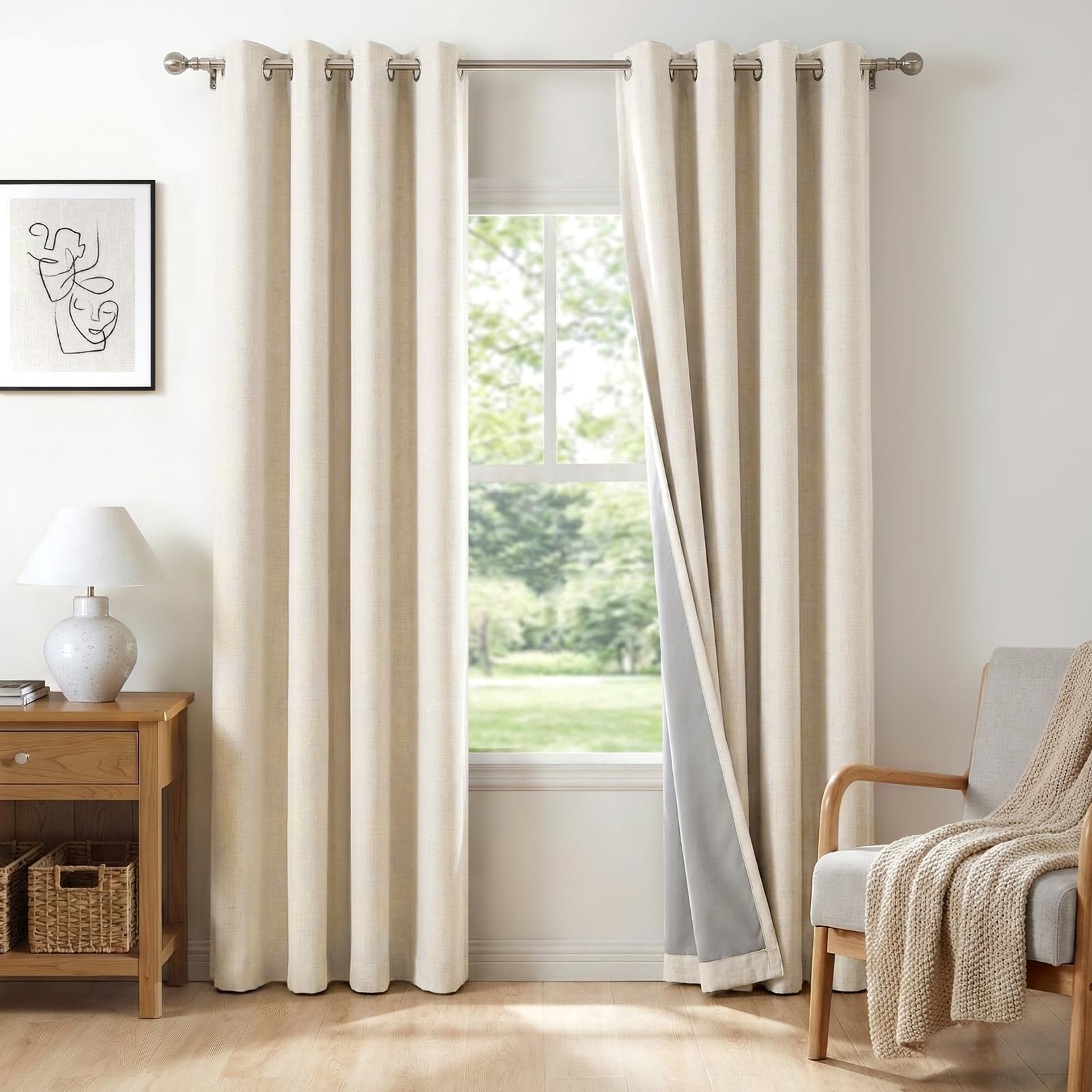 Photo 1 of 100% Blackout Shield Linen Textured Total Blackout Curtains for Bedroom 84 Inches Long, Butter Cream Grommet Curtains for Living Room, Thermal Insulated Room Darkening Drapes, 50" W x 84" L, 2 Panels
