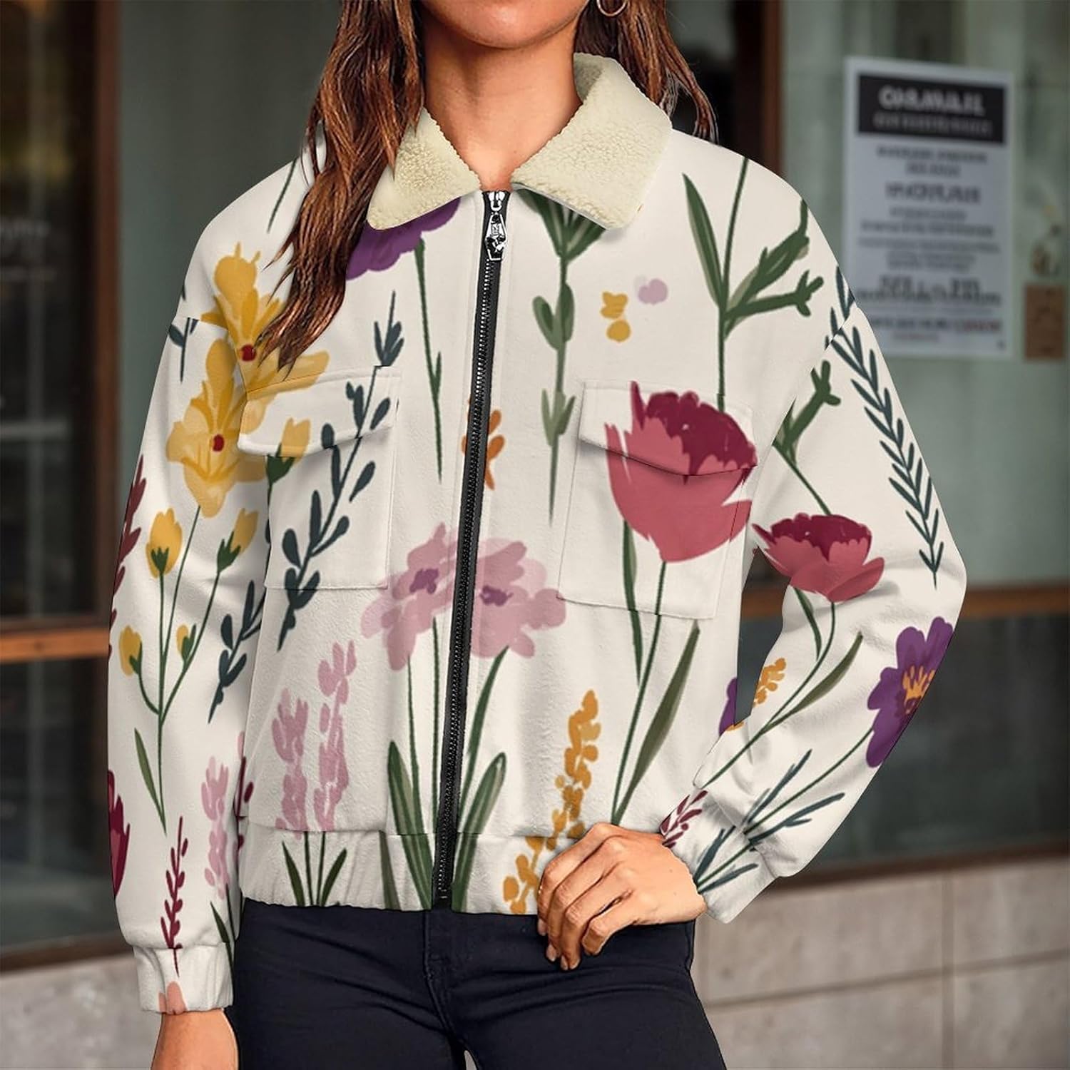 Women's Full Zip Soft Polar Fleece Jacket, Cute flowers plants Printed Coat, Long Sleeve Comfortable Outerwear