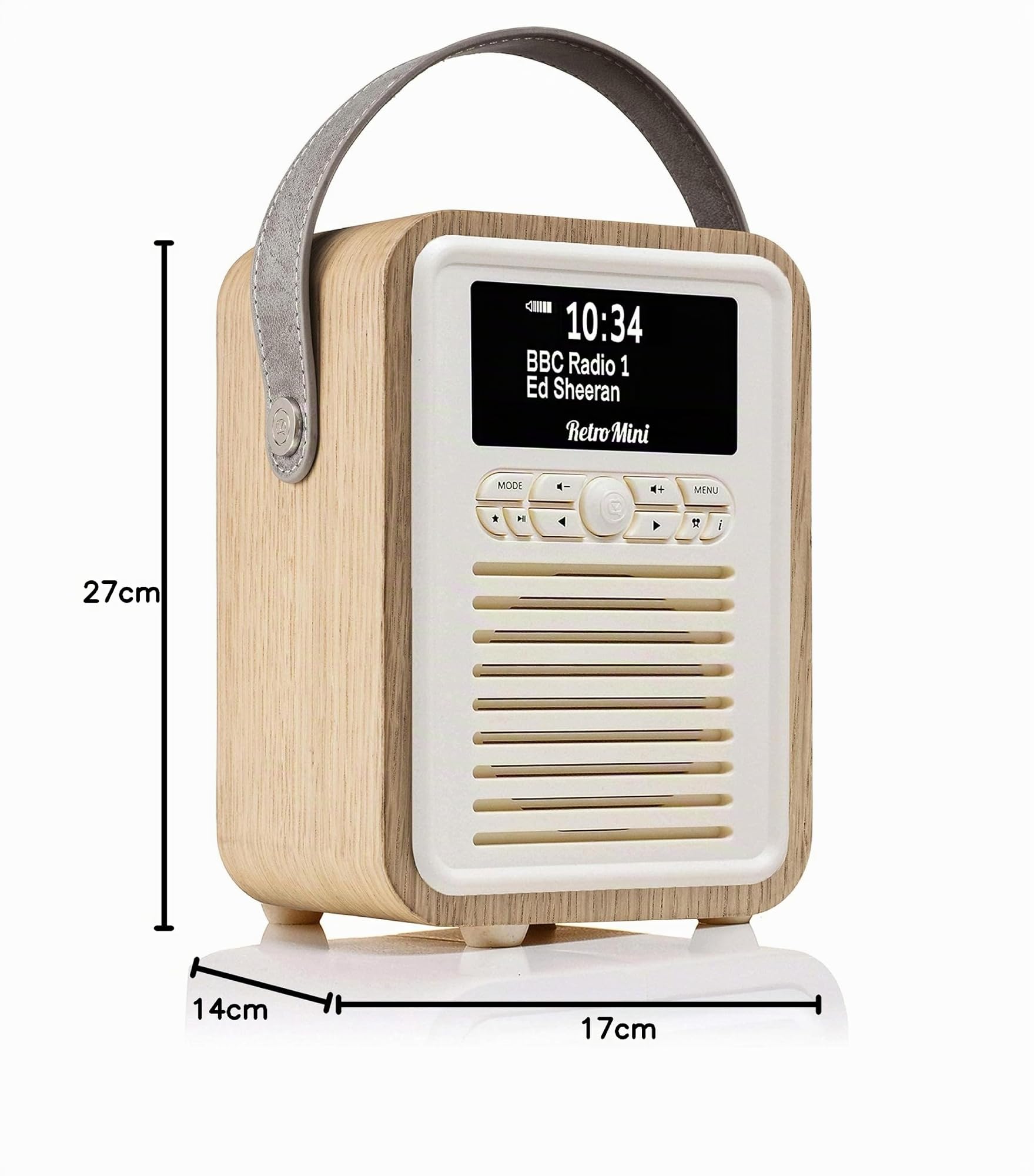VQ Retro Mini Radio Dab Plus/Dab avec Bluetooth, FM et Radio Réveil Fonction - Alimentée par Secteur et Batterie Radio Portable avec Antenne, Prise Casque et Port de Charge USB – Chêne