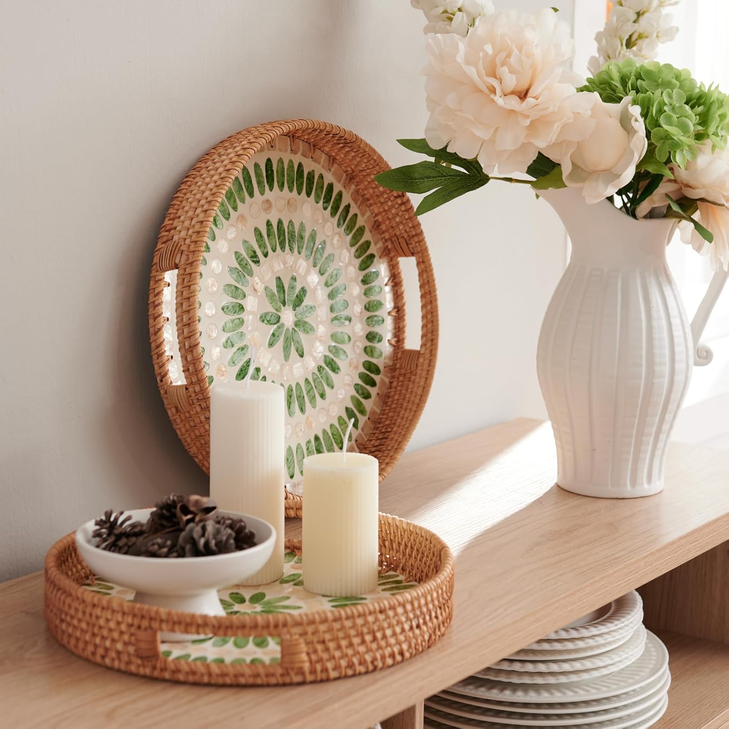 YANGQIHOME Round Serving Tray with Decorative Mother of Pearl Inlay, Wicker Tray for Home Decor, Table Decor, Gifts, Dining, Woven Tray for Food, Fruit, Coffee, 13.8 inch - Image 2