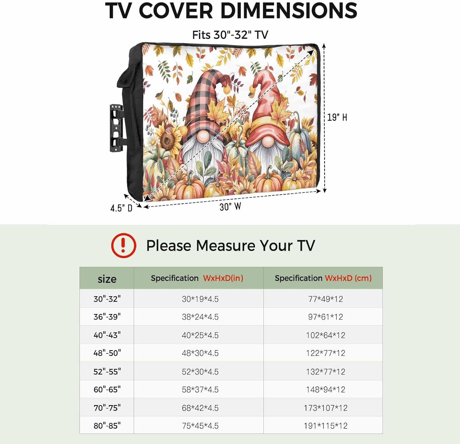 Thanksgiving Outdoor TV Cover Gnome Pumpkin Fox Fall Leaves Waterproof and Weatherproof 40"-43" LCD Movable Shield TV Display Screen Protector Outside Television Covers 40"Wx25"H