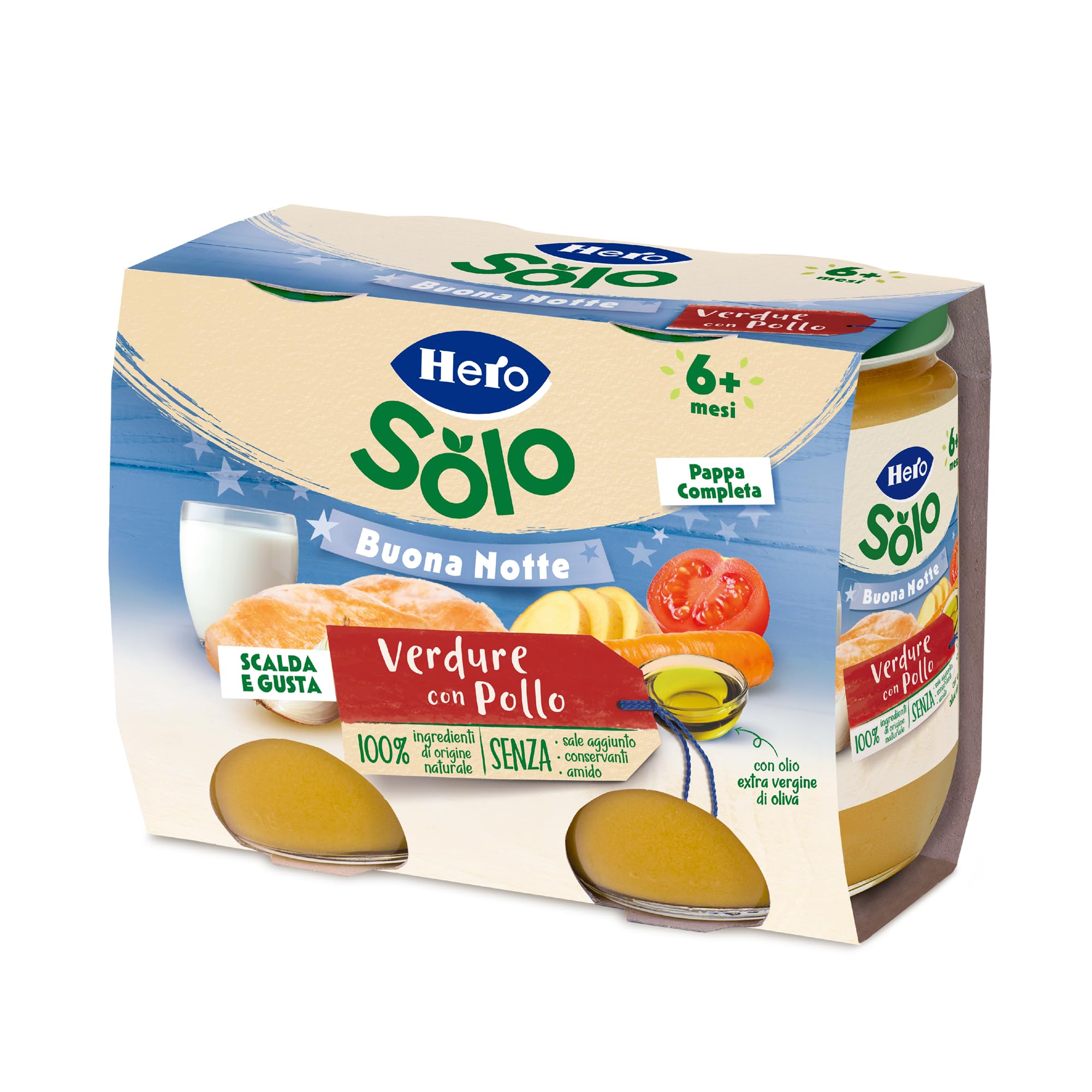 Hero Solo Pappa Completa Verdure con Pollo, Ideale per la Cena - Scalda e Gusta - con Olio Extravergine di Oliva - Per bambini dai 6 mesi - 6 x (2x190 g)