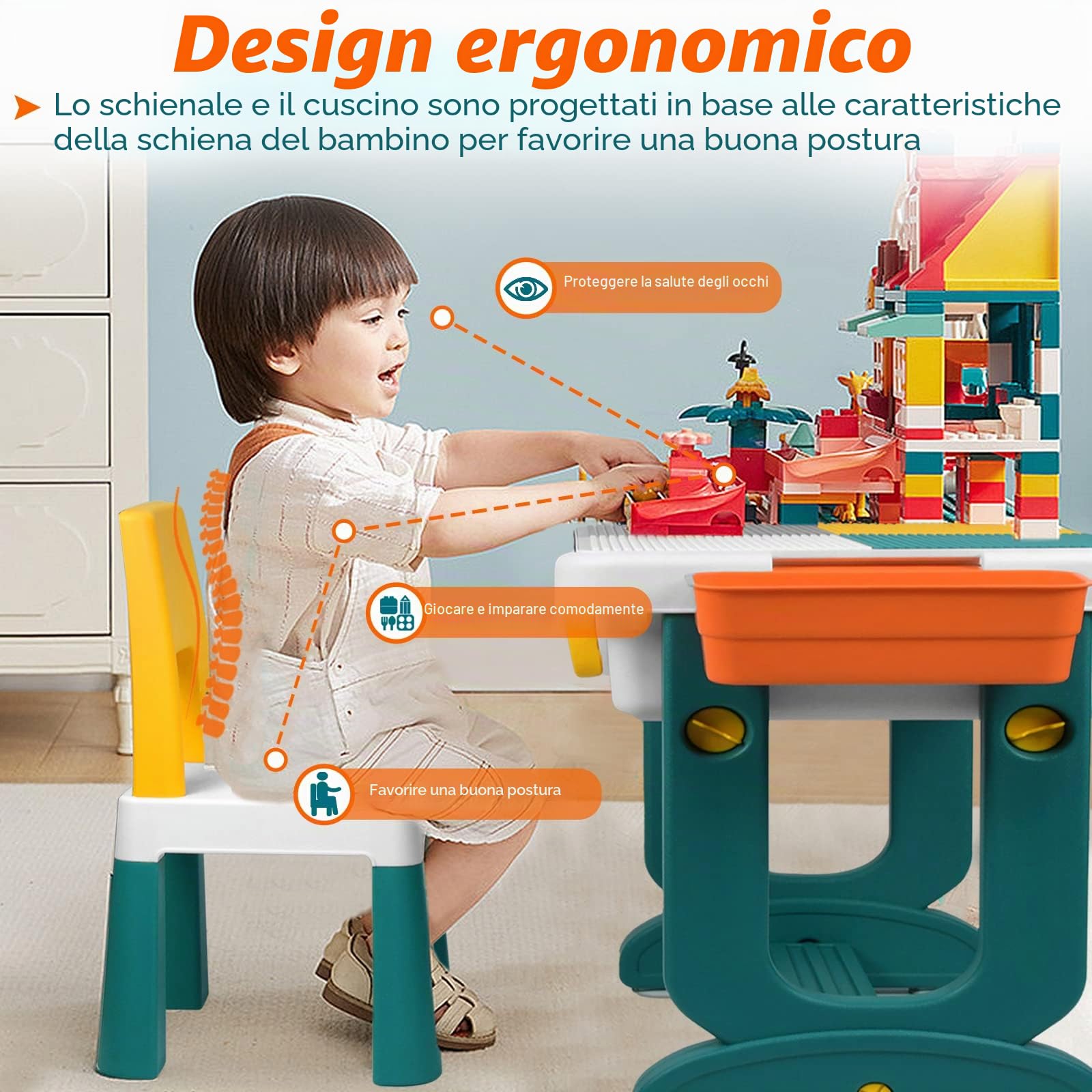 LARS360 Set di mobili per bambini con tavolo e sedie, gruppo multifunzionale con tavolo da costruzione, tavolo per attività a doppio lato, tavolo da gioco per bambini da asilo (fornito con 300