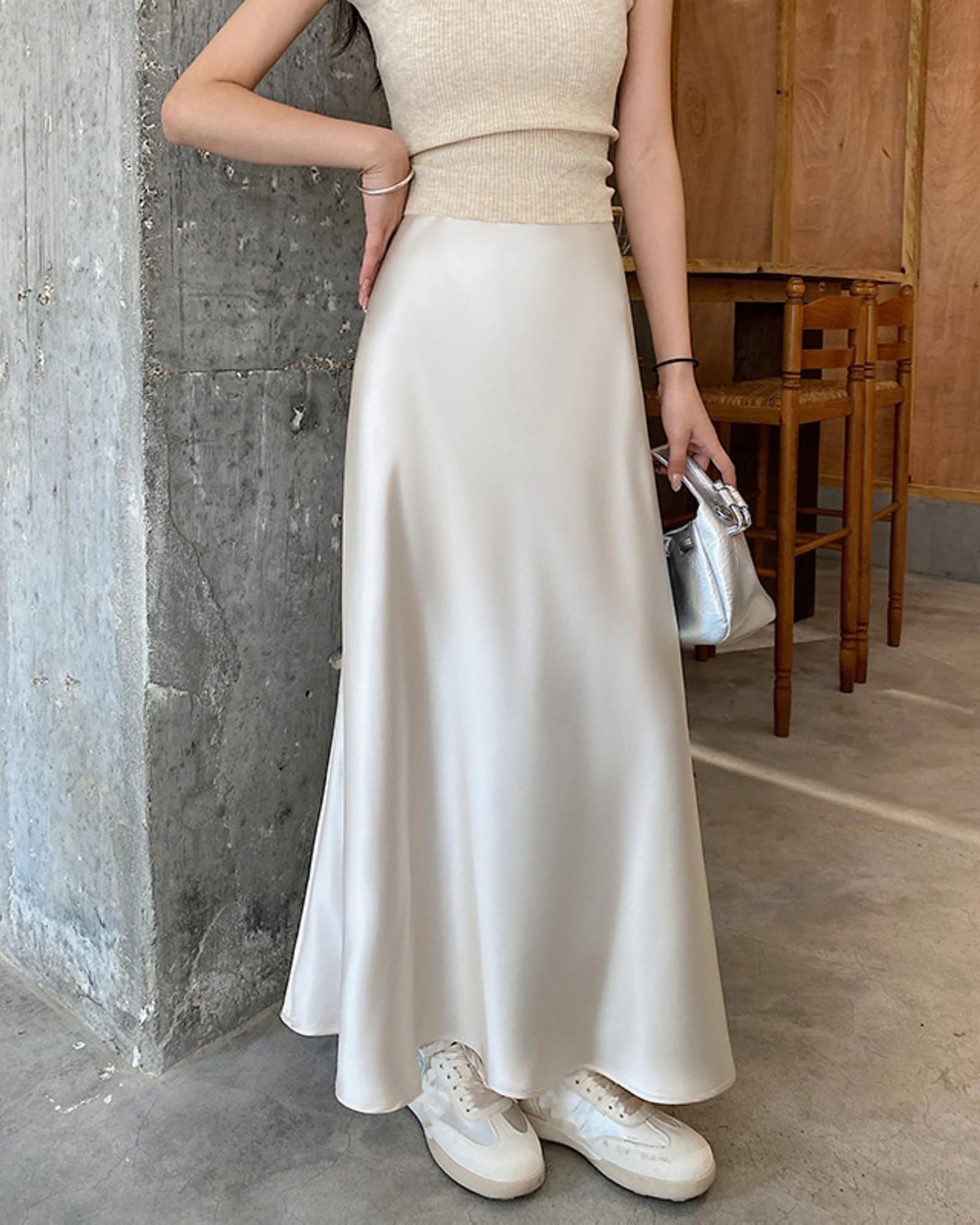 Jupe Longue En Satin Pour Femmes Taille Élastique Lâche Décontracté Taille Haute Ourlet Fluide Hanche Droite Jupes Trapèze En Queue De Poisson