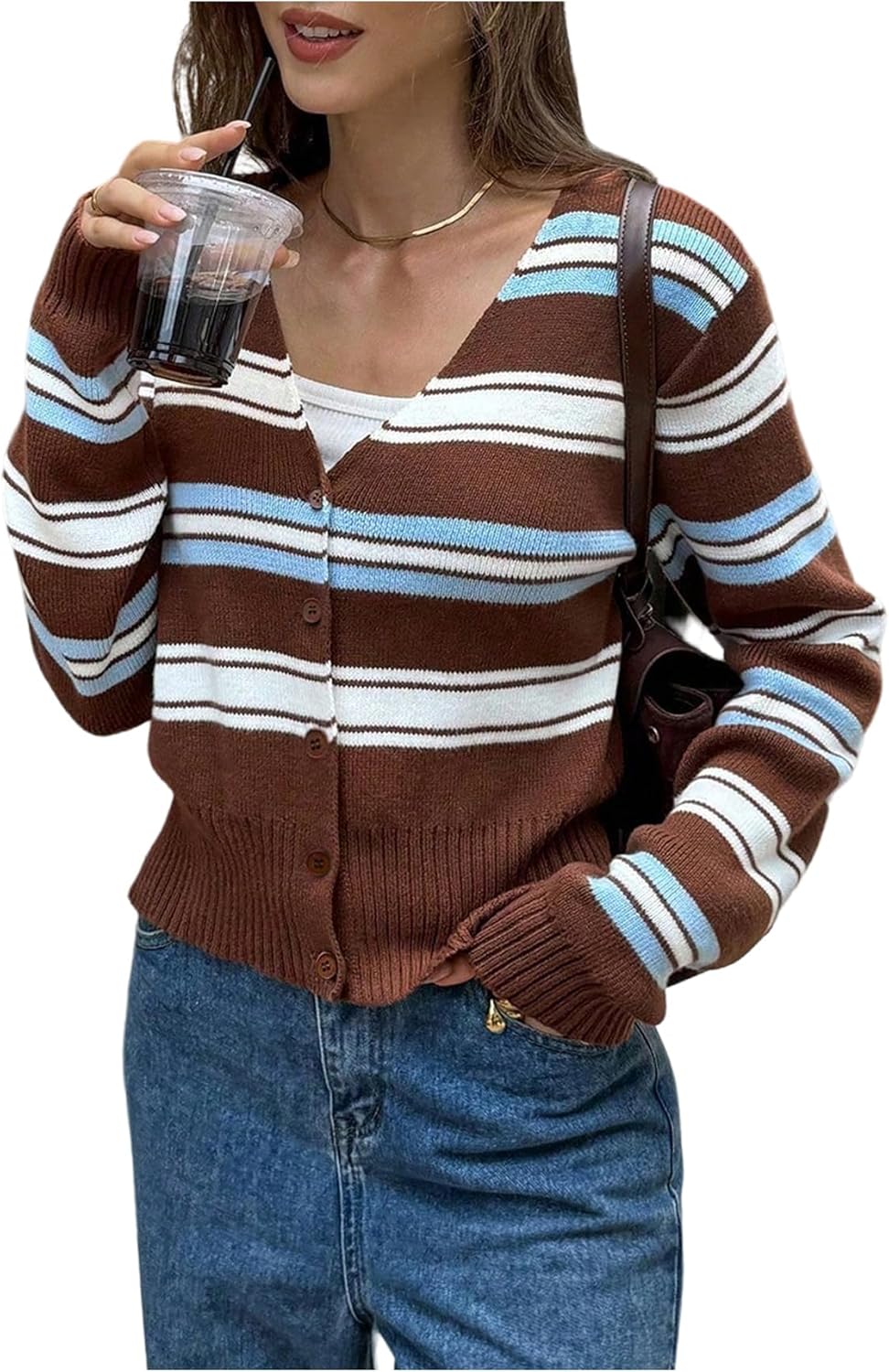 Milumia Women's Striped Knit Button Up Sweater Cardigan V Neck Long Sleeve Ribbed Y2k Crop Tops