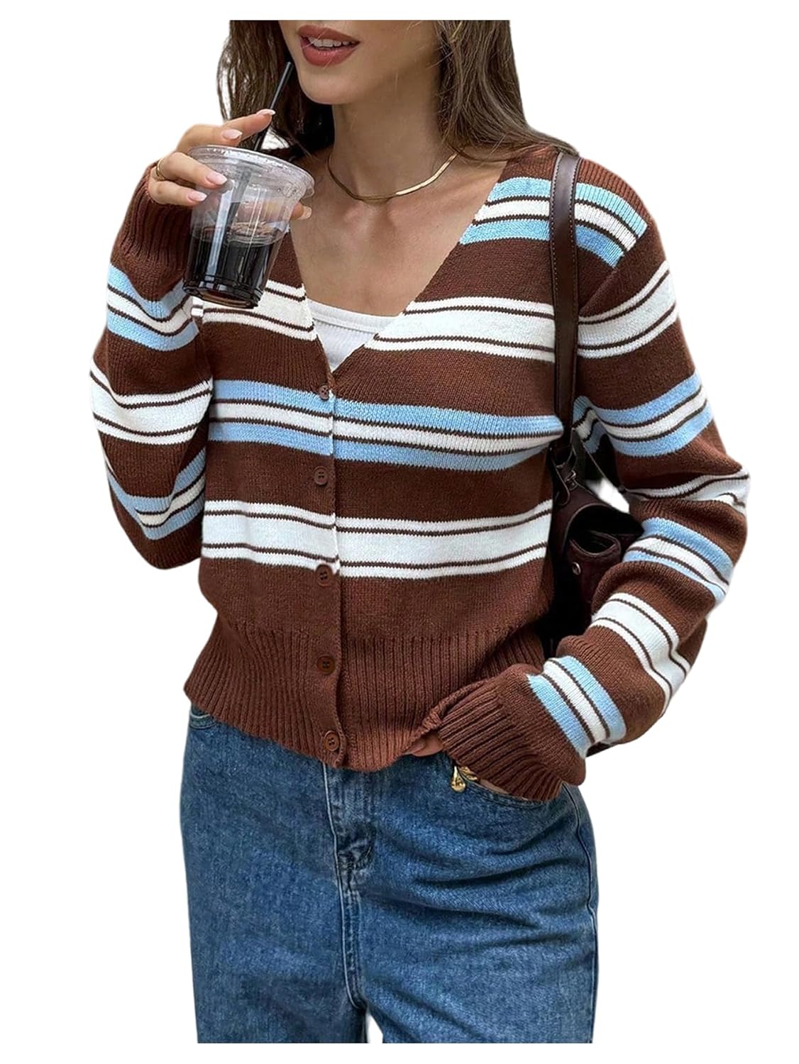 Milumia Womens Striped Knit Button Up Sweater Cardigan V Neck Long Sleeve Ribbed Y2k Crop Tops