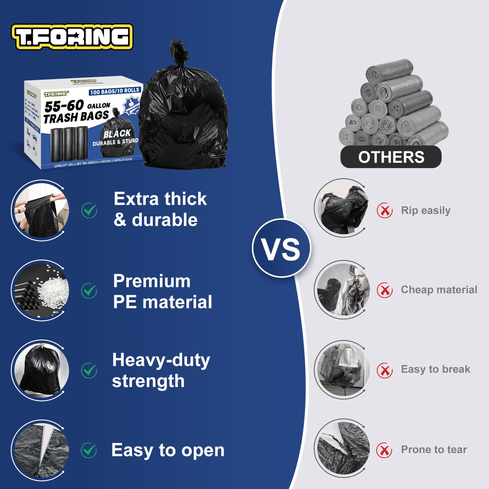 55-60 Gallon Trash Bags Heavy Duty 2.1 Mil - 39''x55'' 100 Count Extra Thick Black Garbage Bags Unscented Strong Huge Can Liners for Construction Industrial Yard Outdoor Commercial