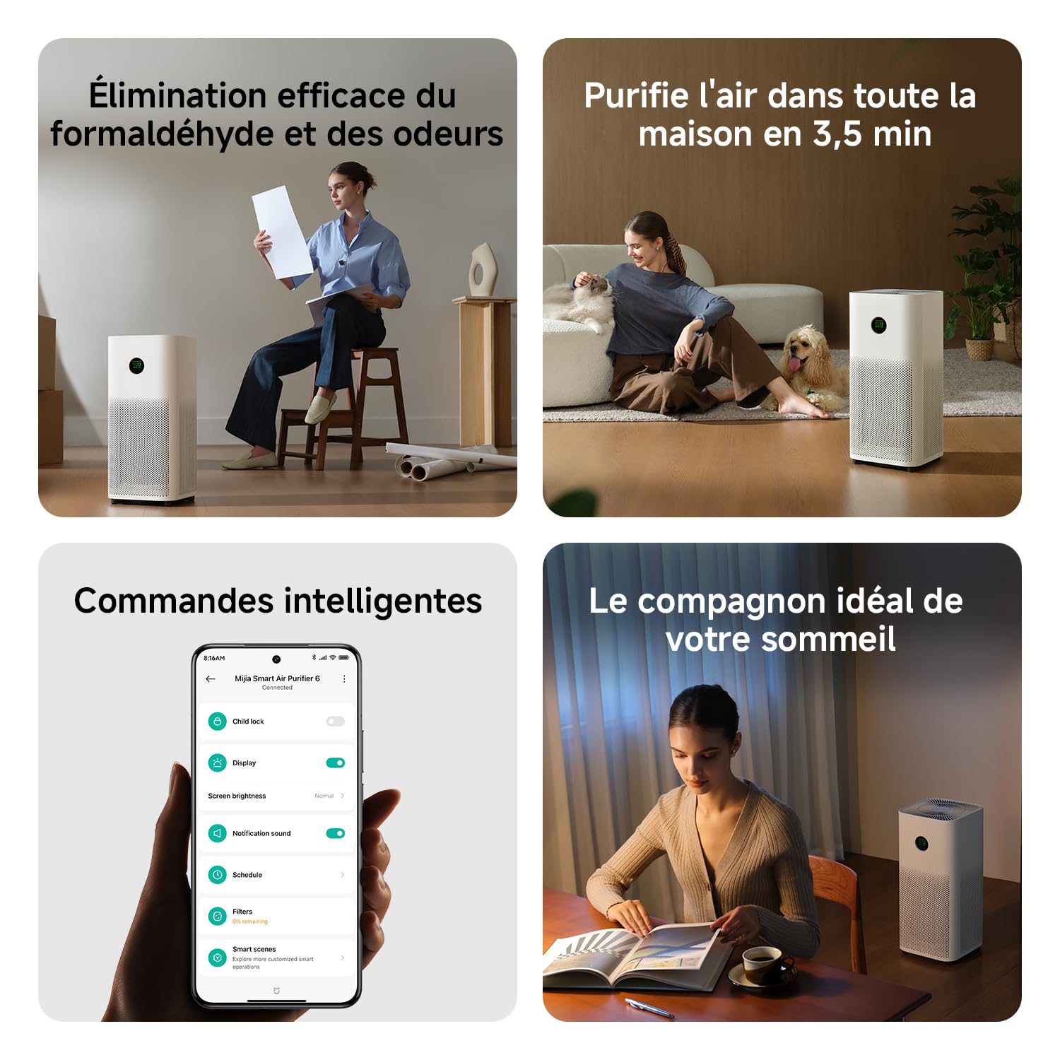 Xiaomi Smart Air Purifier 6 : Purificateur HEPA pour pièces jusqu'à 87,5 m² | CADR 443 m³/h, élimine 99,97 % des allergènes,Mode nuit silencieux,contrôle via App et Alexa,Air pur pour toute la maison
