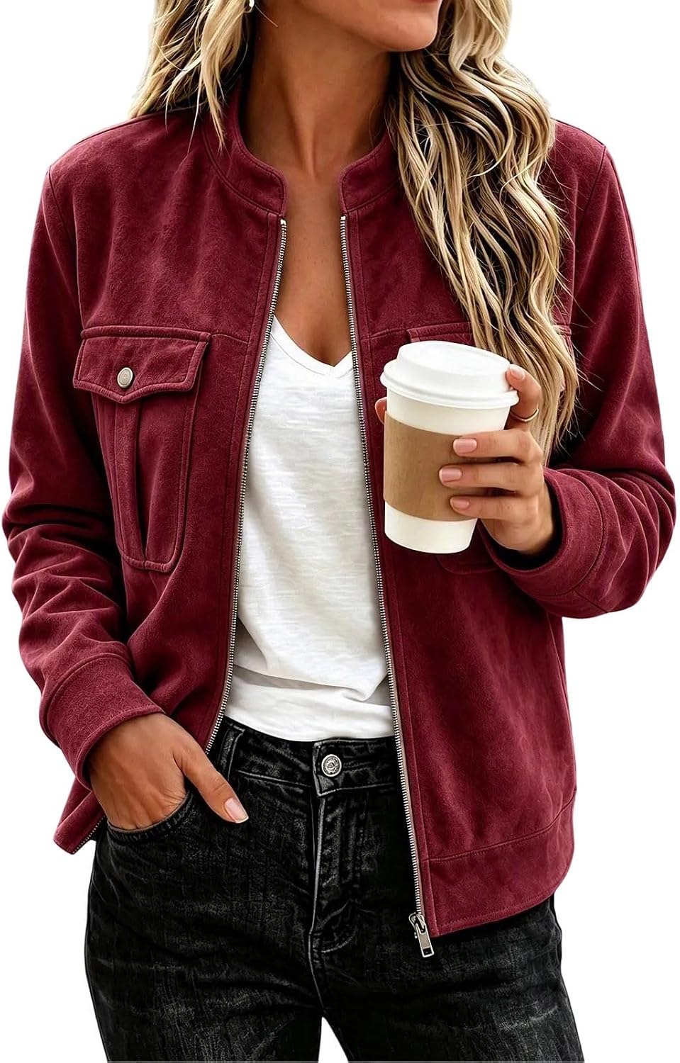 Women's Faux Suede Jacket Zip Front Band Collar Casual Short Coat