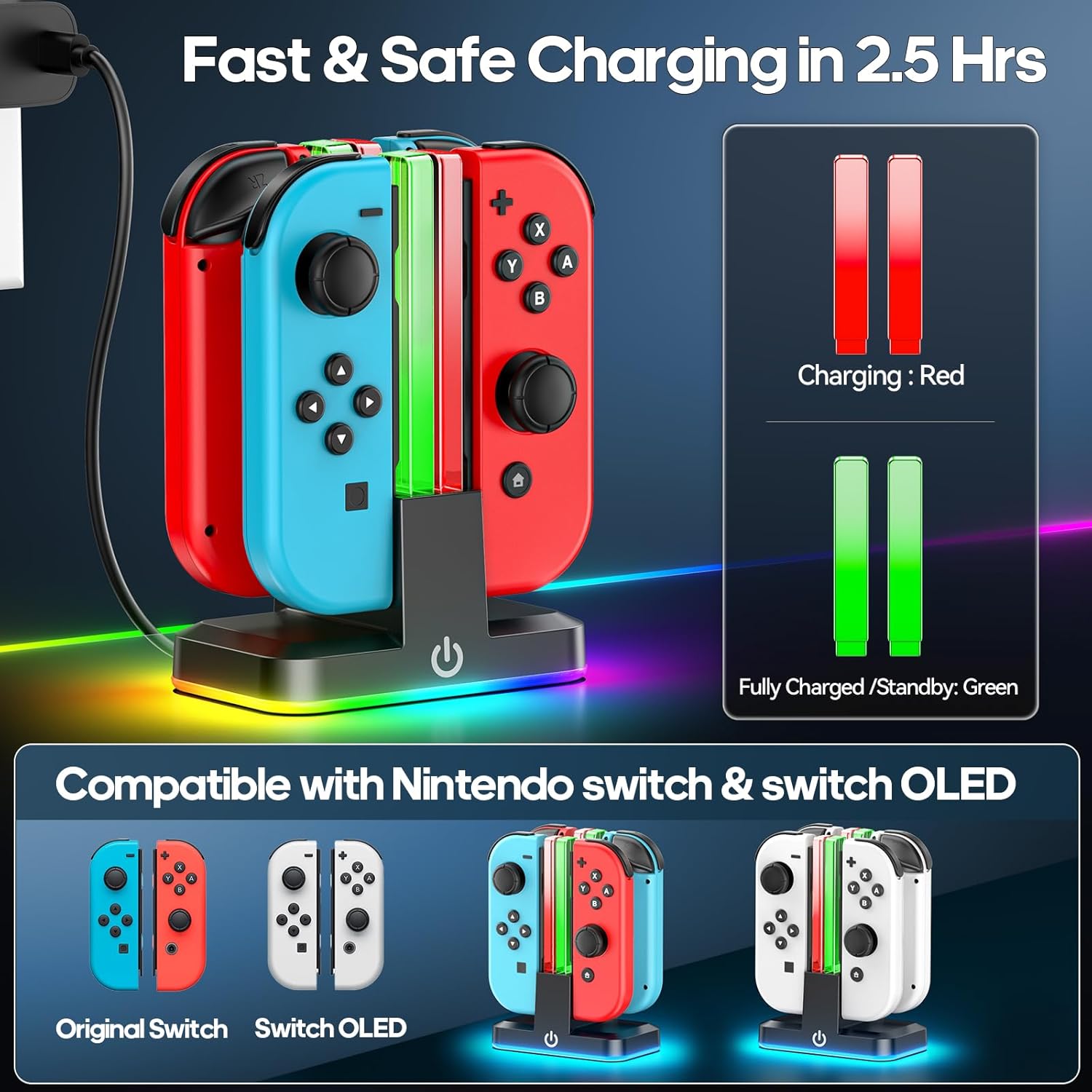 Switch Controller Charger for 4 Joycons with 9 RGB Light Modes, Joy con Charger Stand with LED Indicators, Switch Charging Dock Station for Joycon Charging for Nintendo 64 Console - Image 2