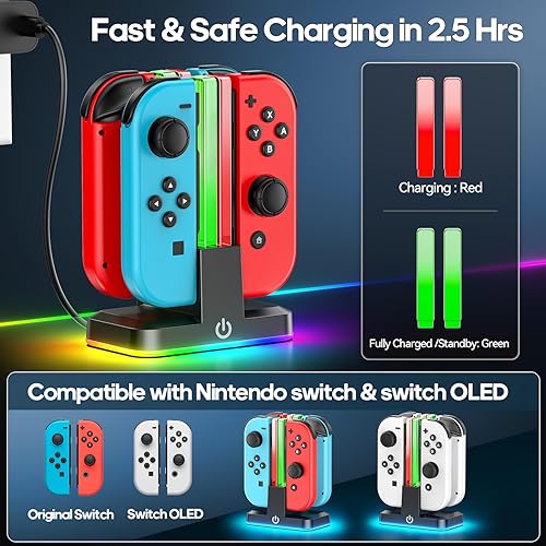 Miniatura 2 de Cargador controlador de interruptor para 4 Joycons con 9 modos de luz RGB, soporte de cargador Joy con indicadores LED, estación de carga de