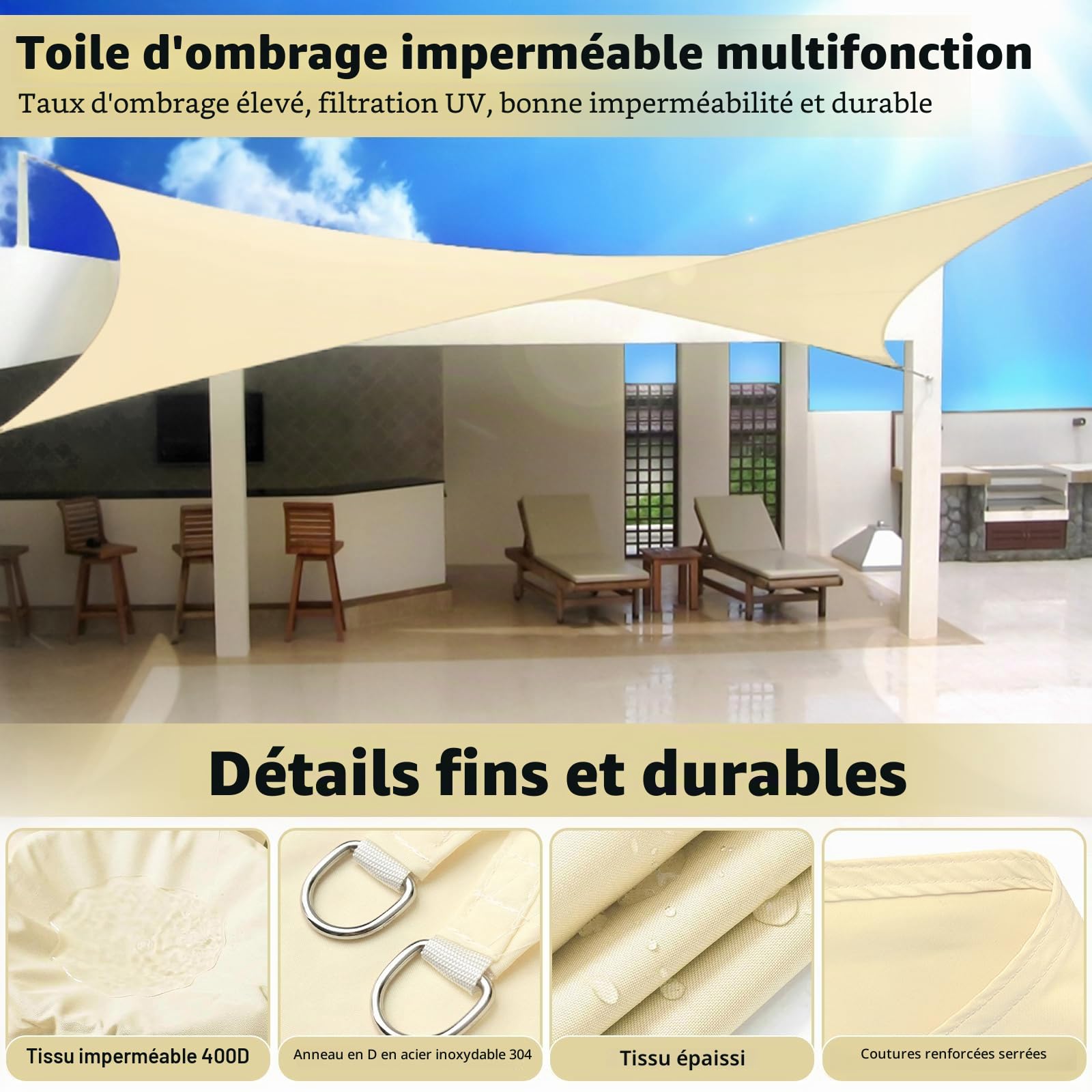 Toile Ombrage Imperméable 3 x 4m Toile Ombrage Exterieur,Toile D'ombrage, Voiles D'ombrage pour Patio,Voile D' ombrage,Voile D'ombrage Rectangulaire,Voile Ombrage Résistant Aux UV - Beige