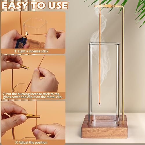 Miniatura 3 de Soporte de incienso para palos, quemador de incienso con colector de cenizas de vidrio extraíble, 30 varillas de incienso y cepillo para polvo,