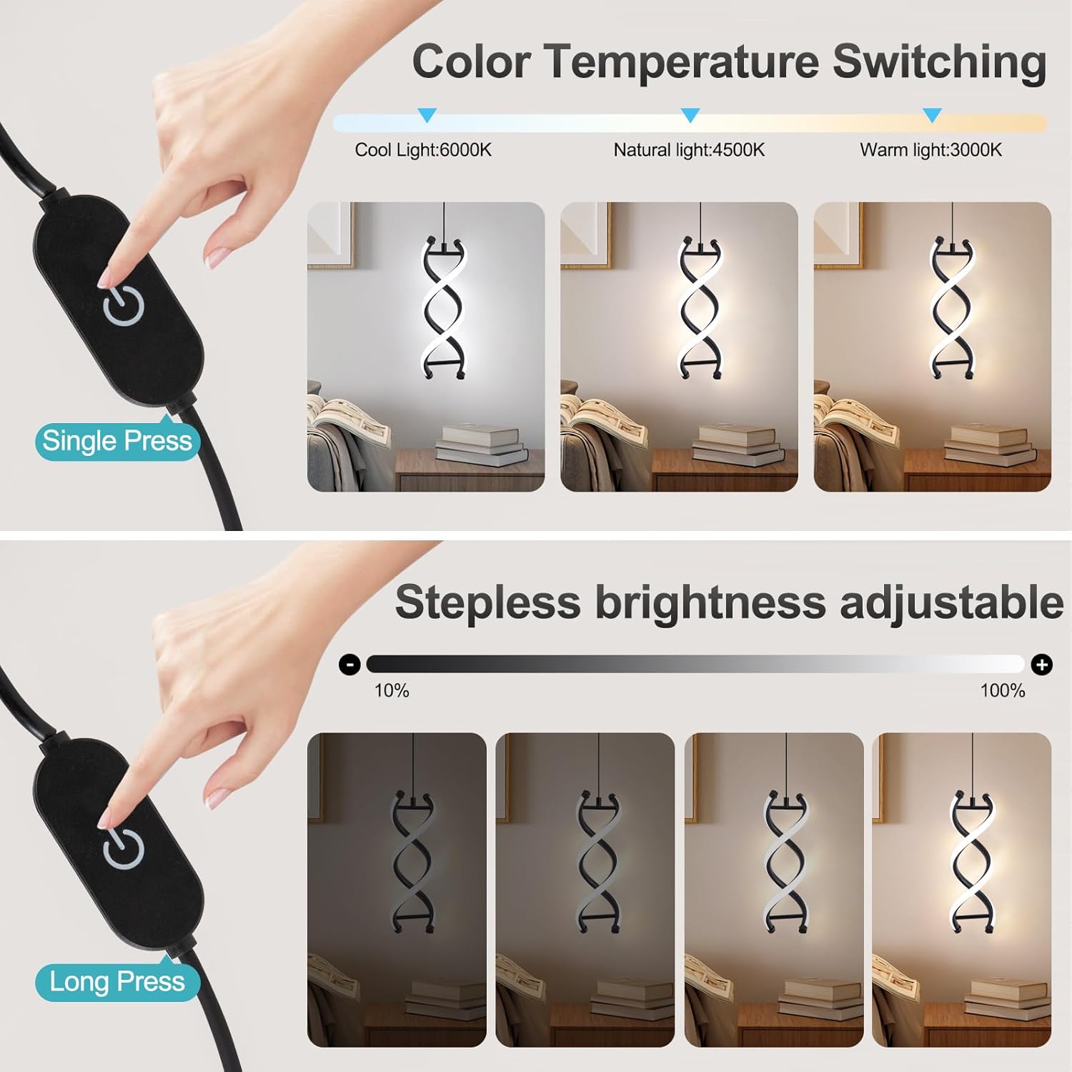 CANEOE Spiral Plug in Led Pendant Light Fixture, 9.84FT Modern Hanging Light with Plug in Cord On/Off Switch,Black Hanging Pendant Lamp for Living Room Bedroom Dining Room Kitchen Island, 1 Pack