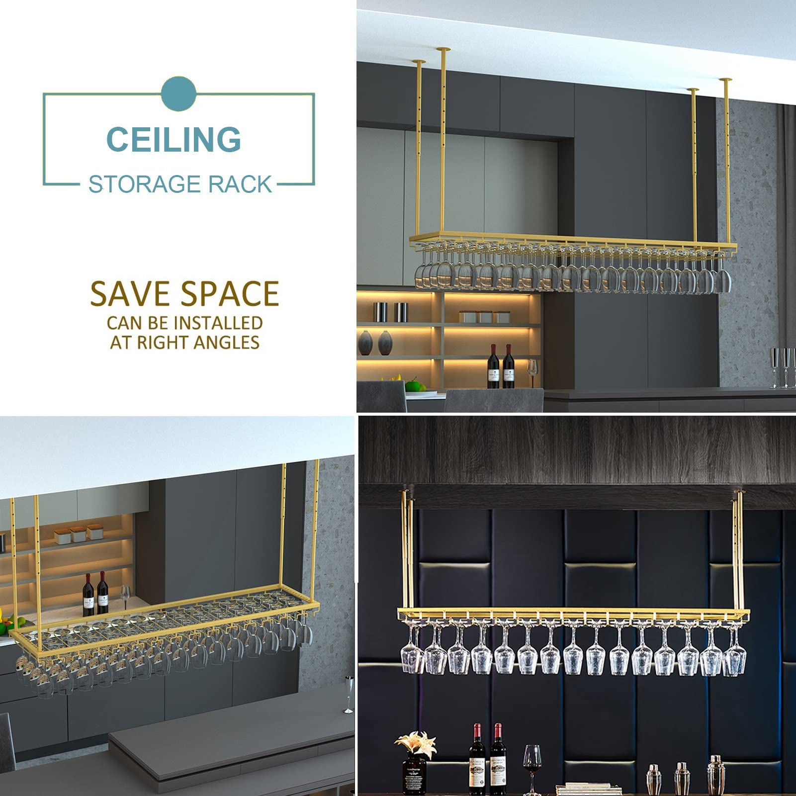 Soporte para Copas de Vino para Colgar en el Techo - Estante metálico para Copas bajo el Estante para Cocina, Bar y Restaurante - Colgador para Copas Que Ahorra Espacio (60 x 25 x