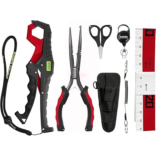 Booms Fishing Gear and Equipment: 6pcs Fishing Tools Kit with Needle Nose Pliers, Fish Gripper, Scissors, 24" Ruler, Retractor & Lanyard - Saltwater Fishing Tackle Accessories Gifts for Men, TK1