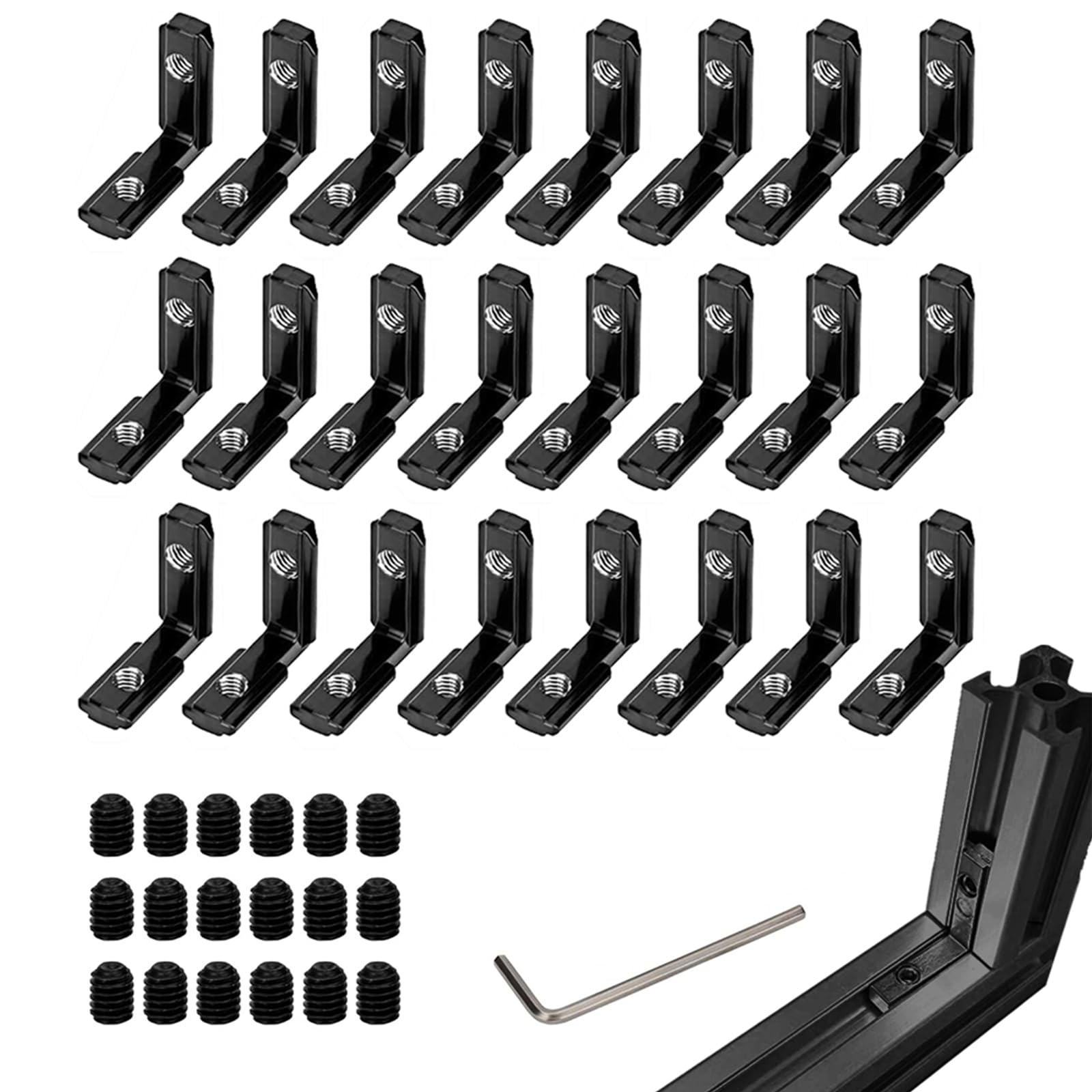 24pcs Black 2020 Series L-Shape Interior Inside Corner Connector Joint Bracket with Screws for 20x20 Series Aluminum Extrusion Profile Slot 6mm