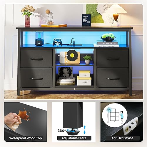 Miniatura 8 de Haewon - Soporte de TV negro con luces LED y tomas de corriente, centro de entretenimiento para TV de 55 pulgadas, mesa de consola de medios con 4