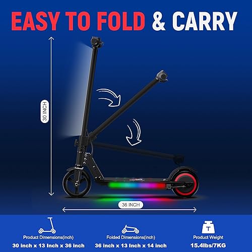 Miniatura 6 de Patineta eléctrica plegable para niños, con luces LED delanteras brillantes, luces LED en los pedales, pantalla LED, frenos duales, motor de 150W,