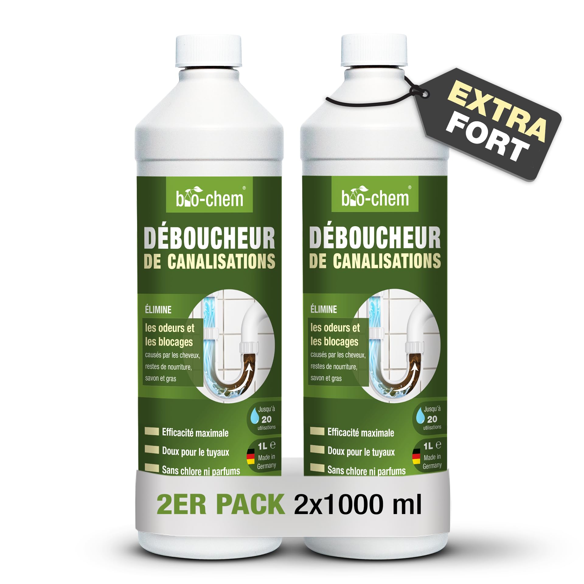 bio-chem Déboucheur de canalisations liquide professionnel 2L | Déboucheur spécial cheveux et résidus de savon, agit même en eau stagnante, concentré jusqu’à 20 utilisations
