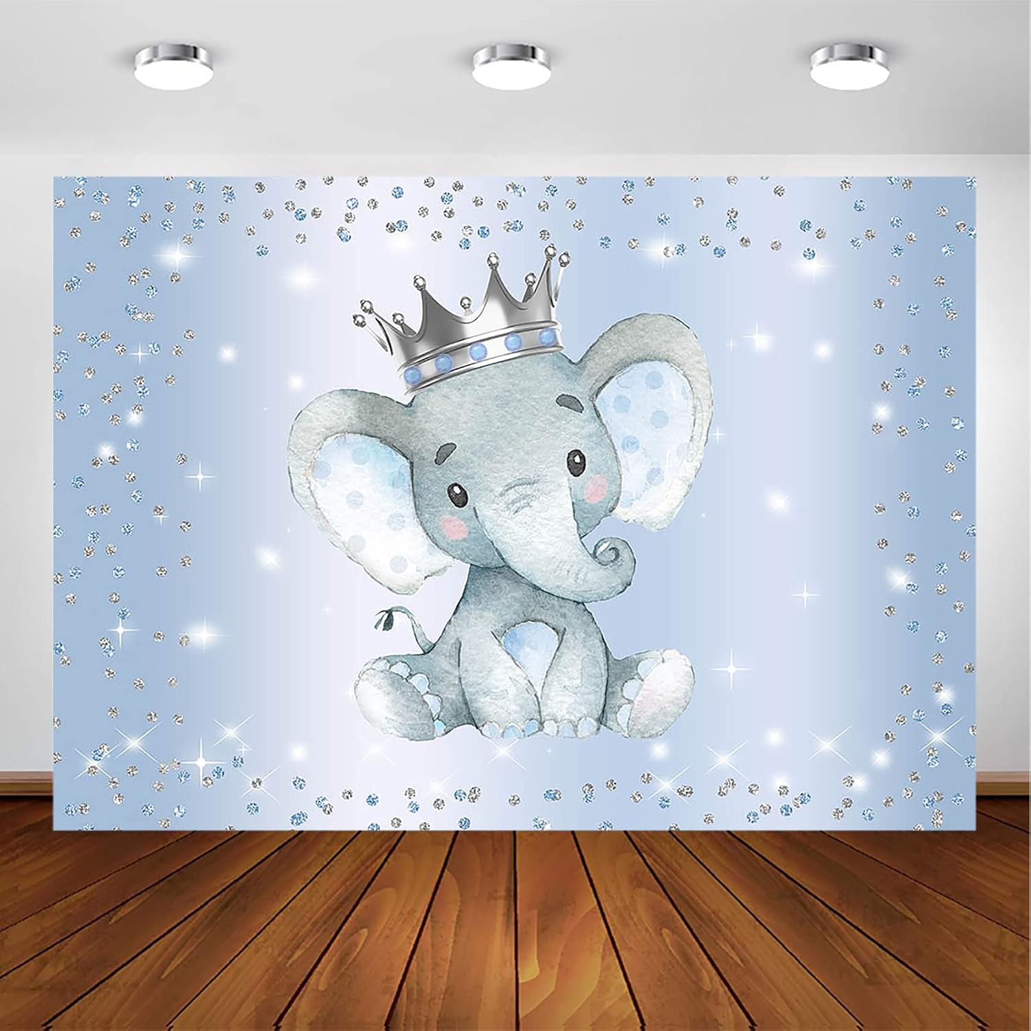 Avezano Boy Elephant Backdrop for Baby Shower Party Photography Background Blue and Silver Glitter Dots Crown Prince Elephant Baby Shower Decorations Backdrops for Photoshoot (7x5ft)