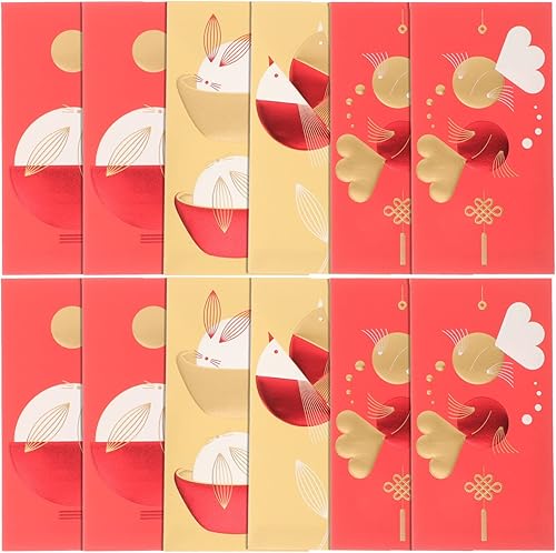 ABOOFAN Sobres rojos de año nuevo chino: 12 unidades 2023 Año del conejo Paquete rojo Lucky Money Pockets Hong Bao Gift Money Sobres Feng Shui