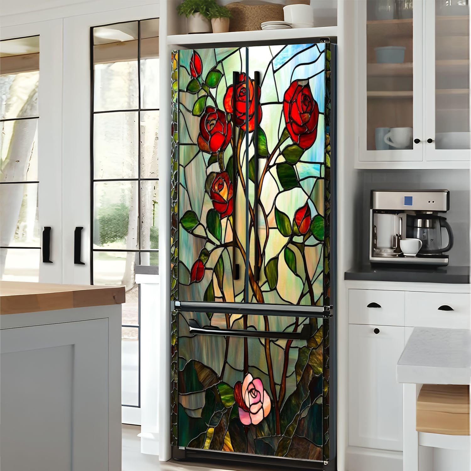 Self Adhesive Vinyl Refrigerator Wrap Floral Stained Glass Window Panel Red Roses Green Leaves Flowering Door Mural Sticker Peel and Stick Removable Door Cover Fridge Wrap Decal for Kitchen Decor