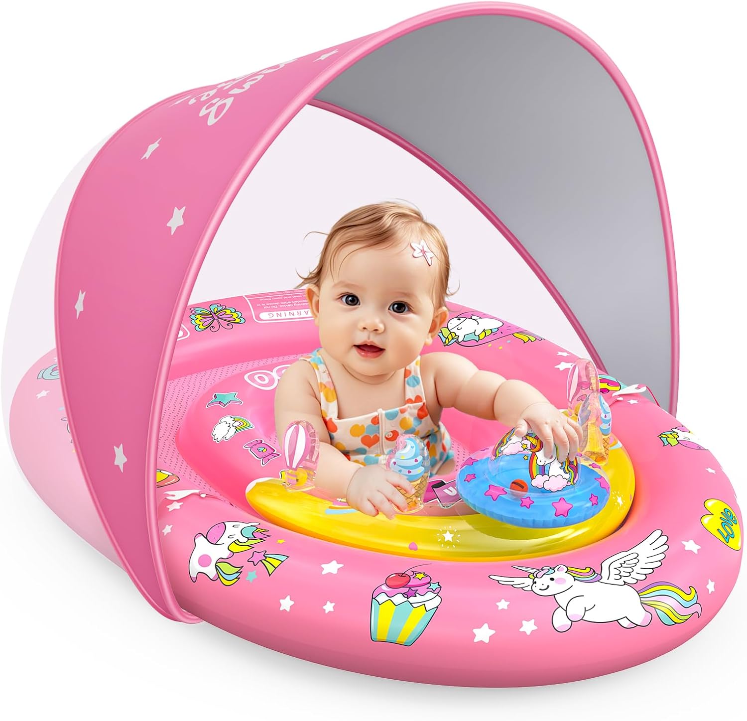 EZIGO Baby Pool Float with Canopy UPF 50+ Sun Protection, Double Air Chambers Infants Swimming Floats with Sound Toys Adjustable Safety Seat Toddler Float for Boys and Girls 6-36 Months
