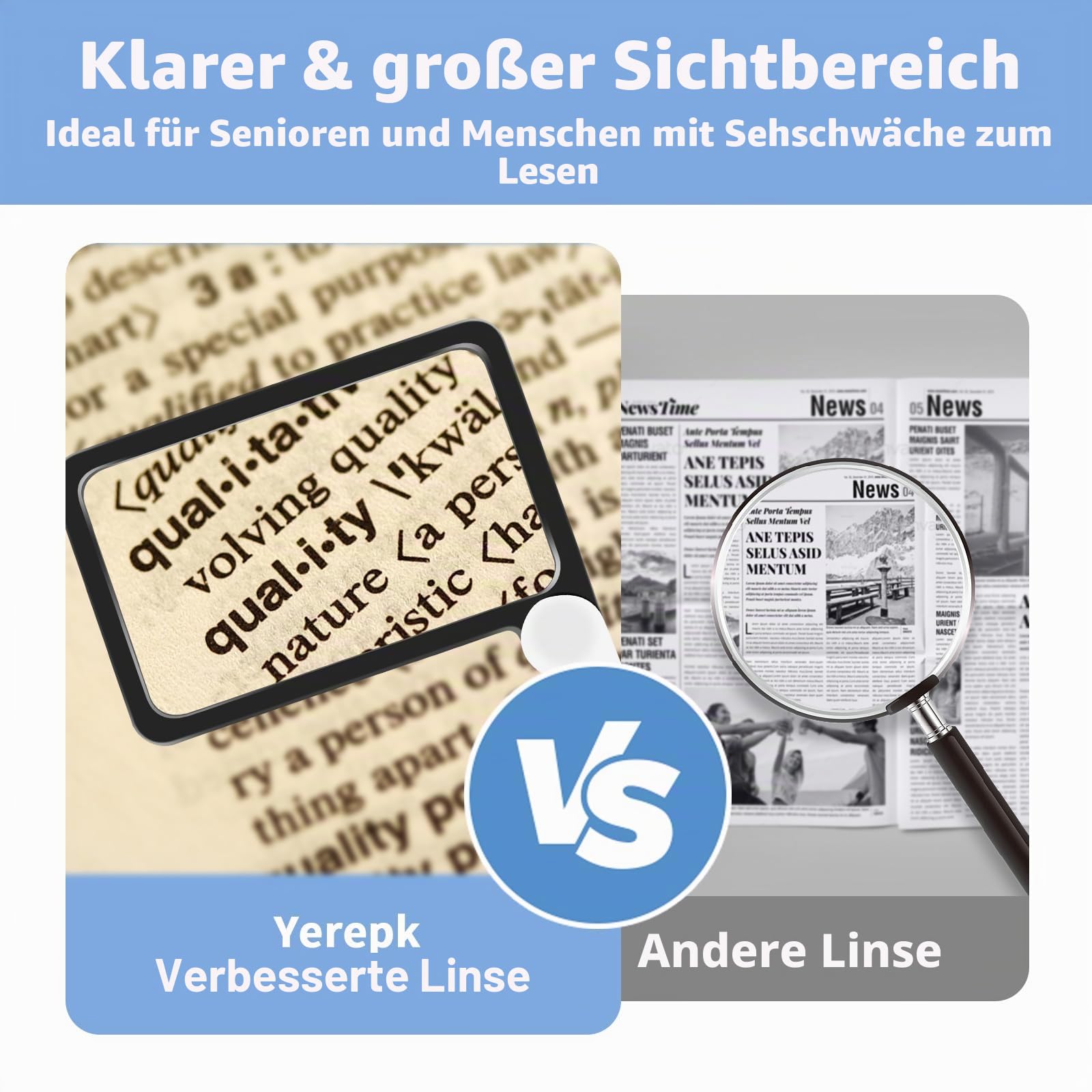 5-fache Lupe mit Licht, Vollseitenlupe zum Lesen, 48 LEDs | Leichte, große Lupe mit blendfreier Linse und 48 LED-Leuchten, ideal für Senioren, Lesen von Büchern mit schwacher Sicht