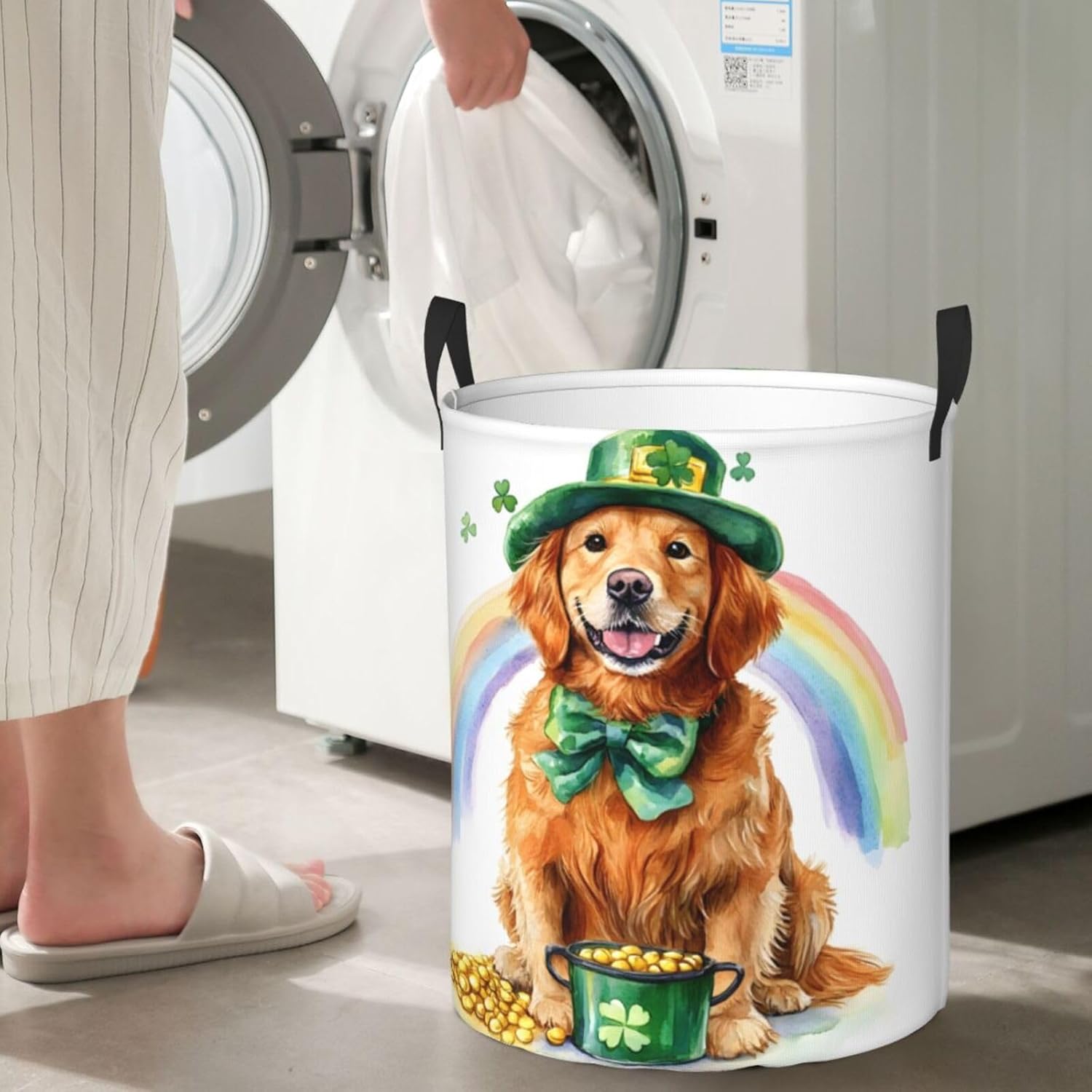 Watercolor Rainbow Golden Retriever Laundry Basket Round with Handle, Bedroom Hamper Collapsible Storage Bin Dirty Clothes Bag Organizer for Home Bathroom Nursery, 19.6''x15.7''