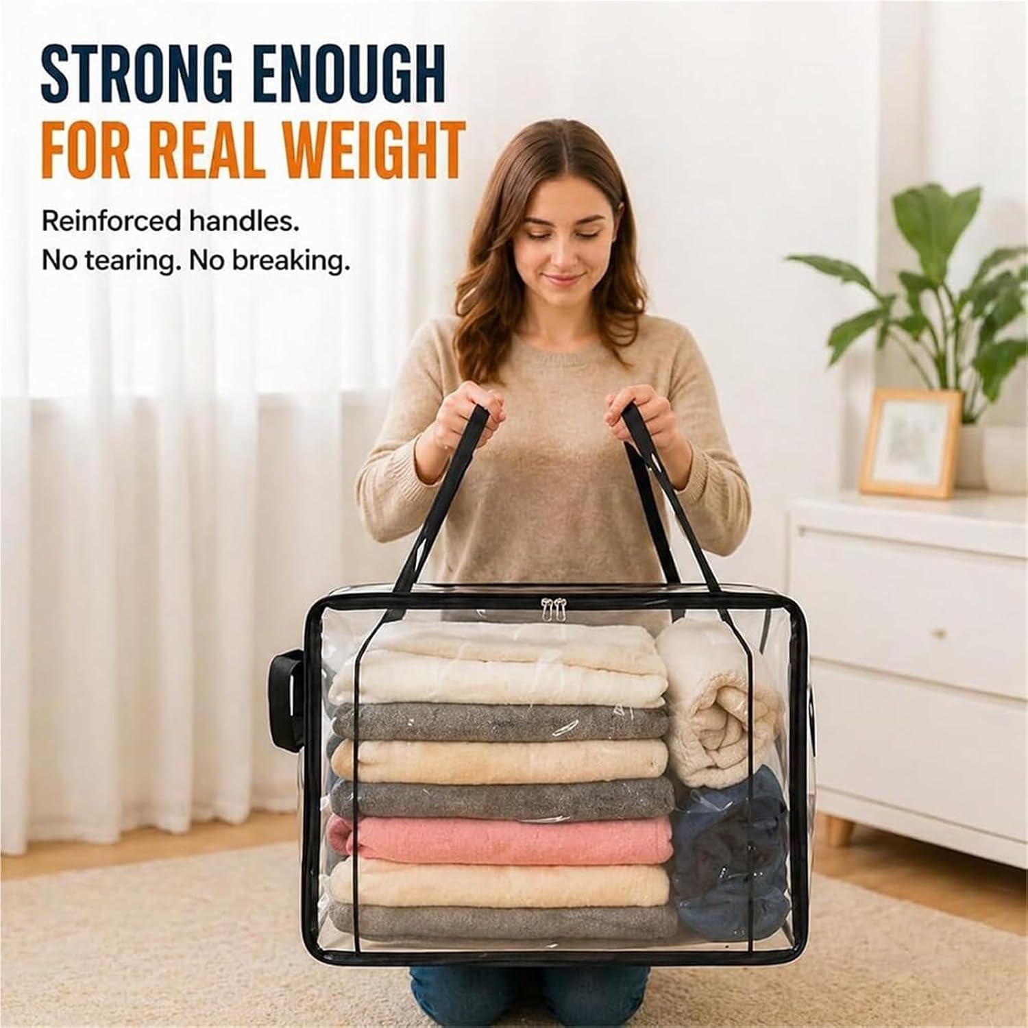 Large Clear Plastic Storage Box with Hinged Lid & Handles - Heavy-Duty, Zippered