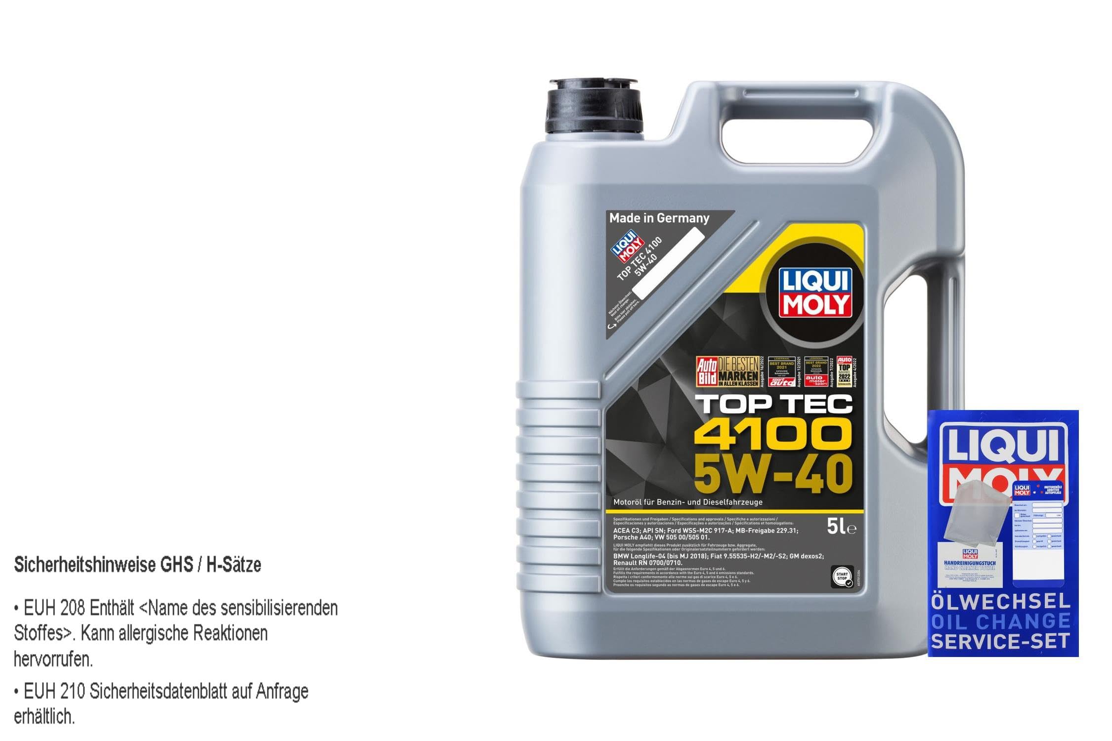 Inspektionspaket enthält 5 L Motoröl Top Tec 4100 5W-40 Ölfilter Luftfilter Innenraumfilter Verschlussschraube für Grande Punto 199_ 1.4 199 1.2 225