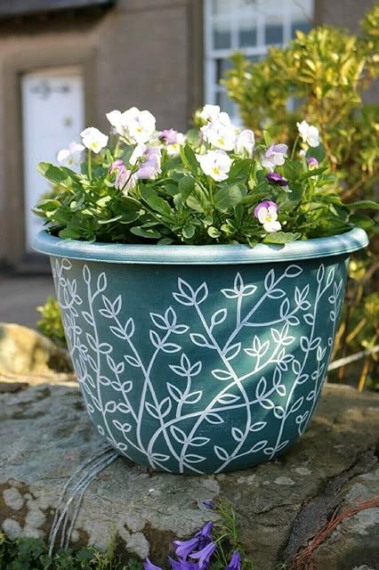 SG Traders Plant Pot Large Round Plastic Serenity Planter for Garden Outdoor Flower Pots with Drainage Holes, Hand Crafted Container for Houseplants Green with White Wash 31cm x 21cm (DxH), Pack of 2