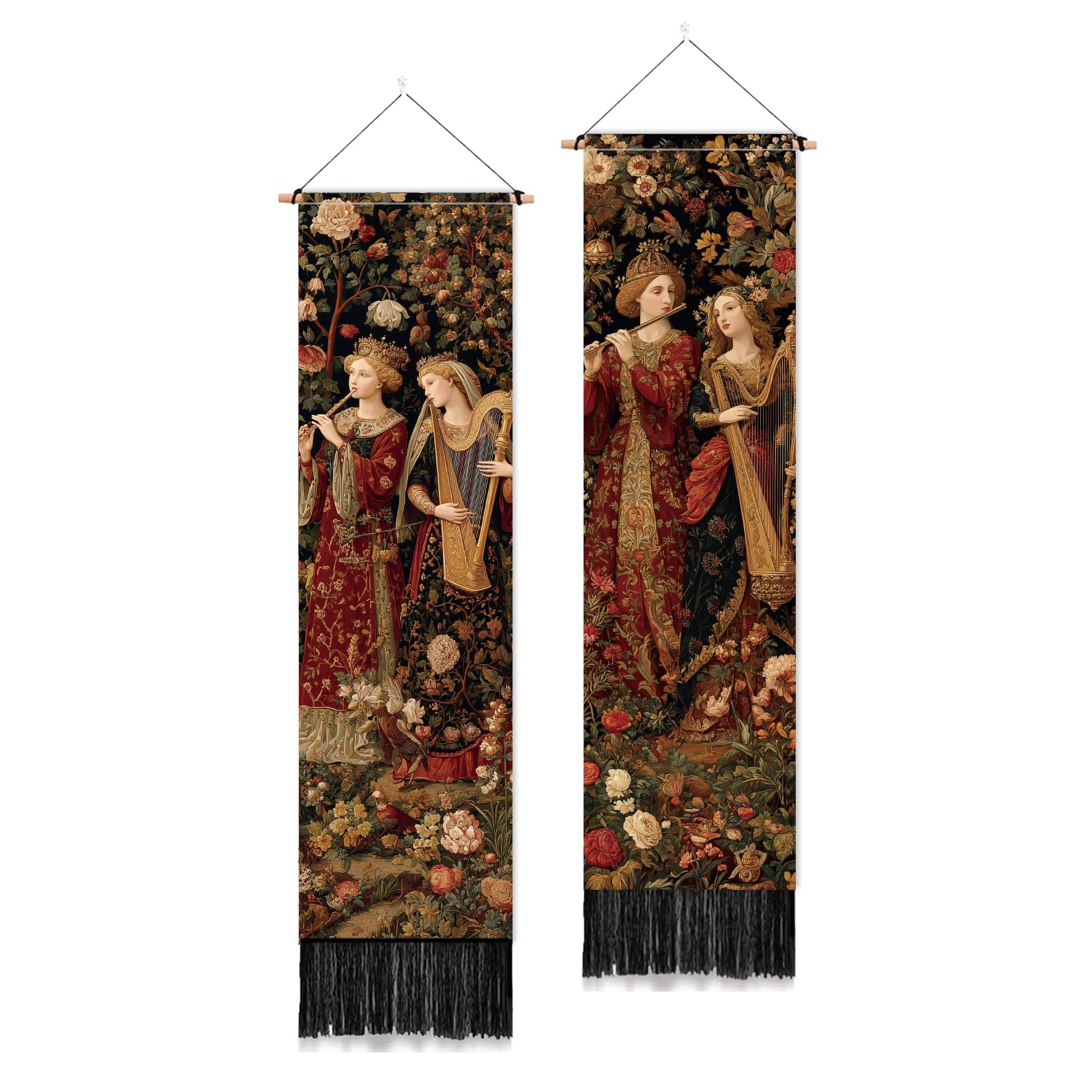 PLIGREAT 2 Pack Medieval Musician Wall Tapestry Retro Garden Long Wall Hanging with Tassels Decorative Aesthetic Vertical Tapestry for Bedroom Living Room Home Decorations, 130 x 33cm