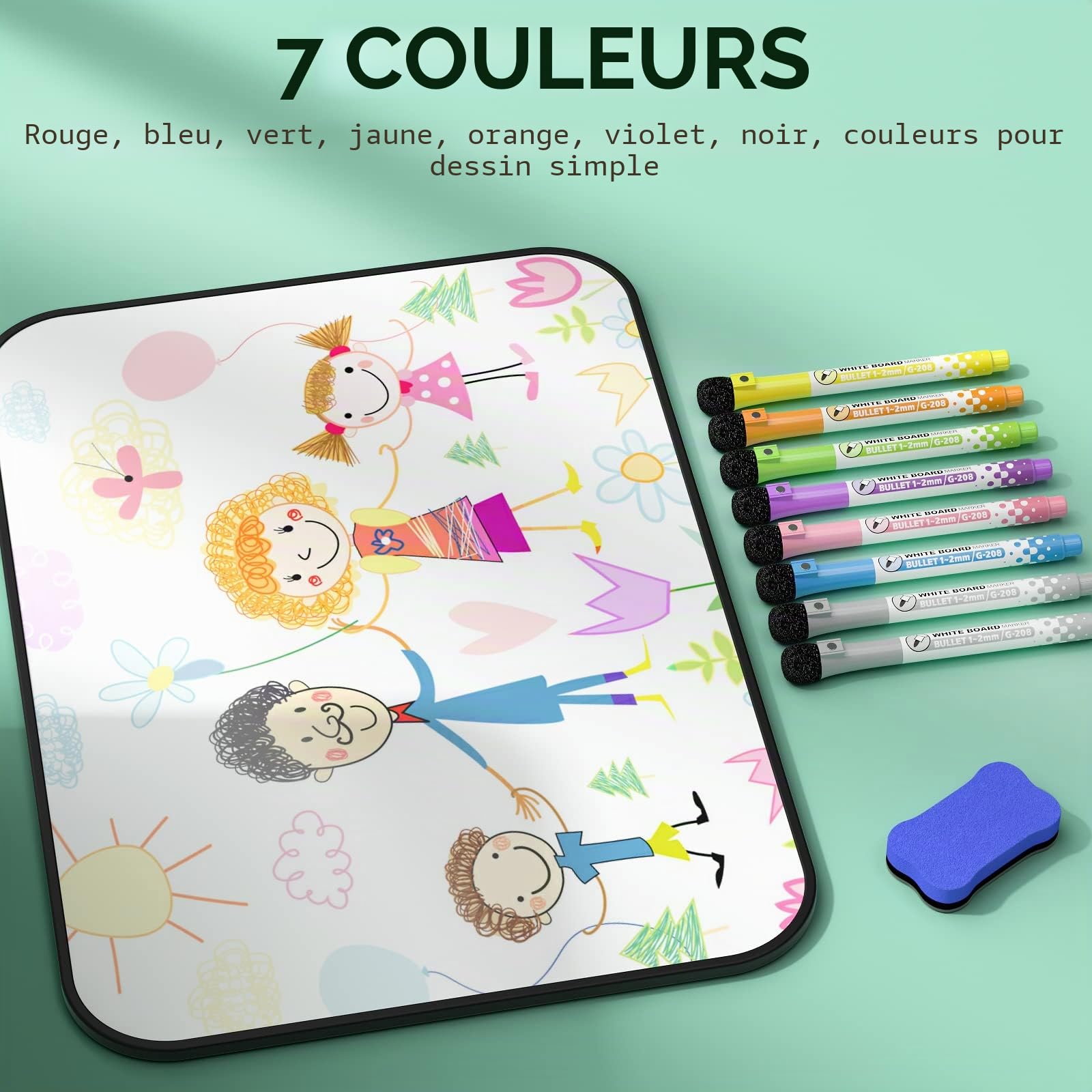Nicpro Tableau blanc effaçable à sec A3,Double face magnétique,30x42 cm,Avec bordure noire,8 stylos à base d'eau et 1 gomme pour enfants, la salle de classe, la maison
