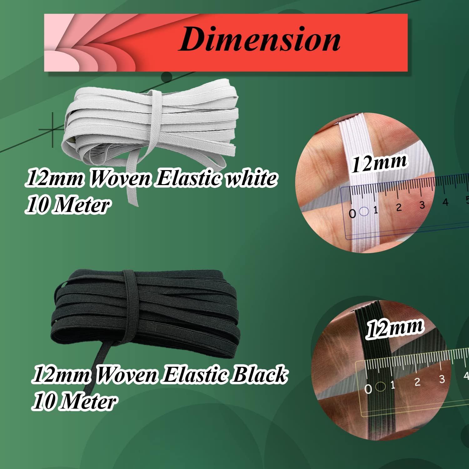 SYMKARD- Polyester Elastic, White and Black, 12MM, Polyester, 10 Meters Each for Sewing, Stitching, Tailoring, Elastic Pants and Other DIY Items Mask Making (Woven Elastic) 3