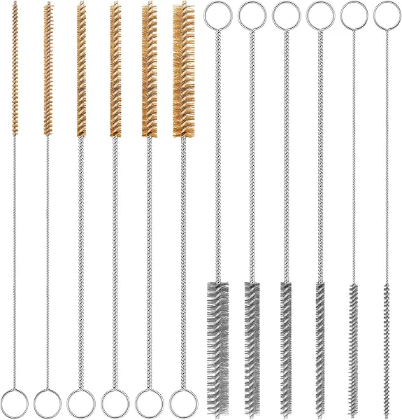 12-Pieces Brass Wire Brush Stainless Steel Wire Brush Set 12" Long Wire Bottle Brush Tube Cleaning Brush Metal Wire Brush for Tubes, Cylinders, Bottles, Auto Parts (6mm/8mm/10mm/15mm/18mm/20mm)