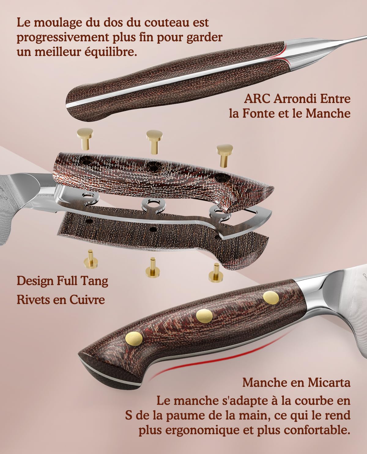 HEZHEN Damas Ensembles de Couteaux de Cuisine 5 Pièces，Set de Couteaux de Chef Professionnels en Acier Damas Couteau Santoku, Manche en Micarta