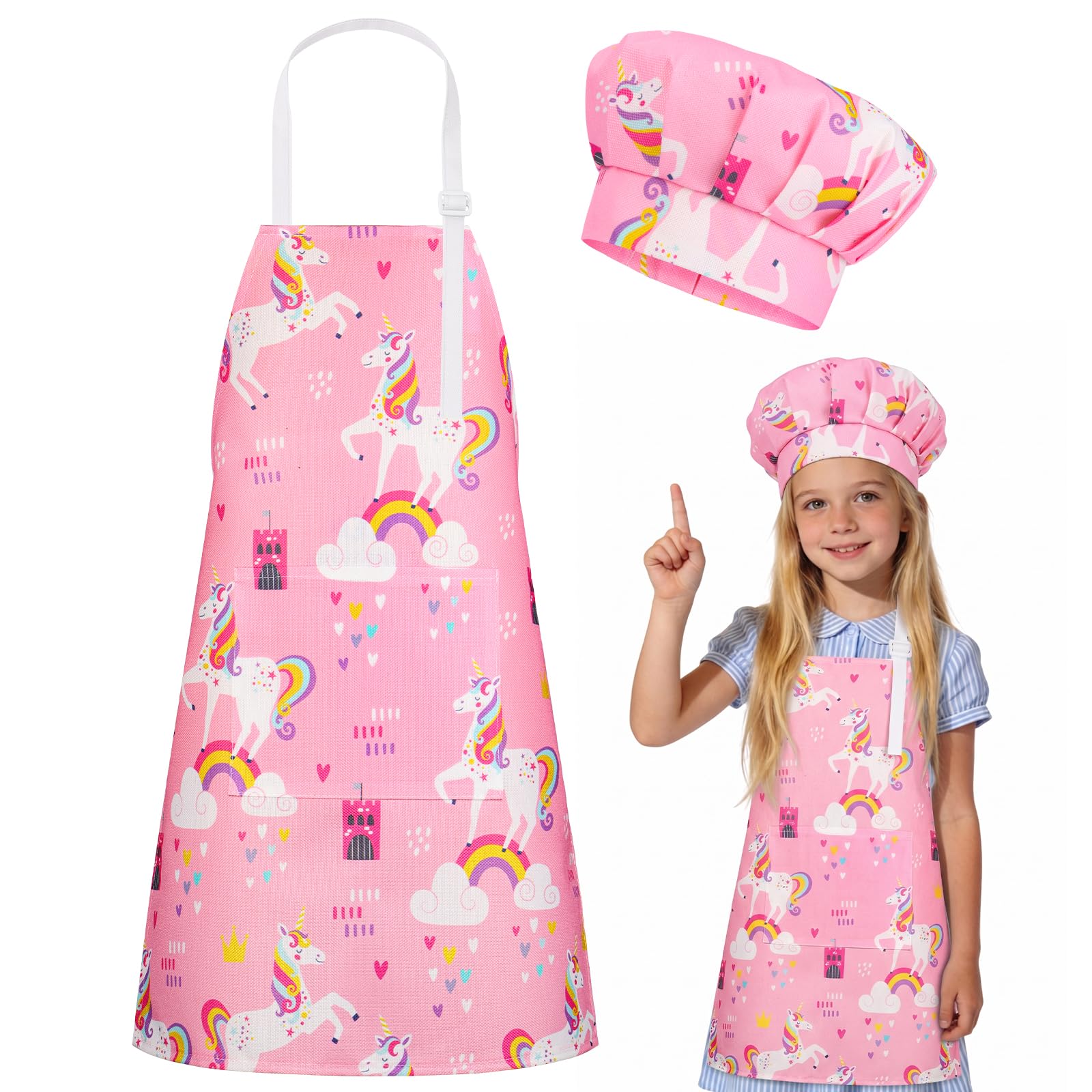 DiULi Kids Apron and Chef Hat with Cartoon Animal Style Print, Pink — image 1