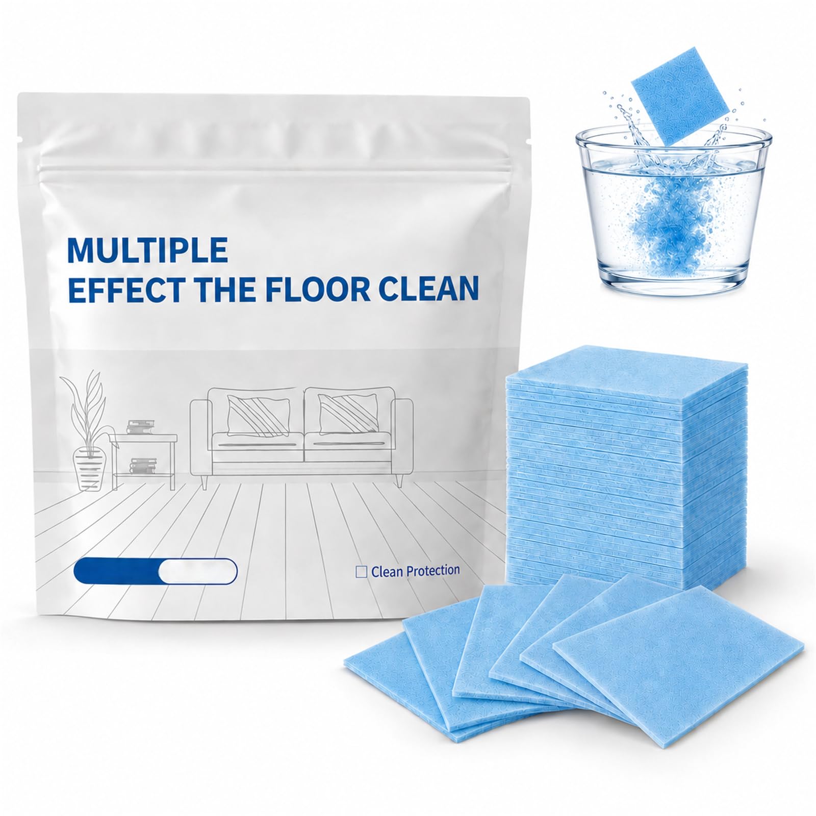 Multi-Effect Floor Clean Tablets, Floor Cleaning Tablets Multi-surface Cleaner, Multiple Effect the floors Clean, No-Rinse, Concentrated Floor Cleaner for Hardwood, Tile (Blue, 100PCS)
