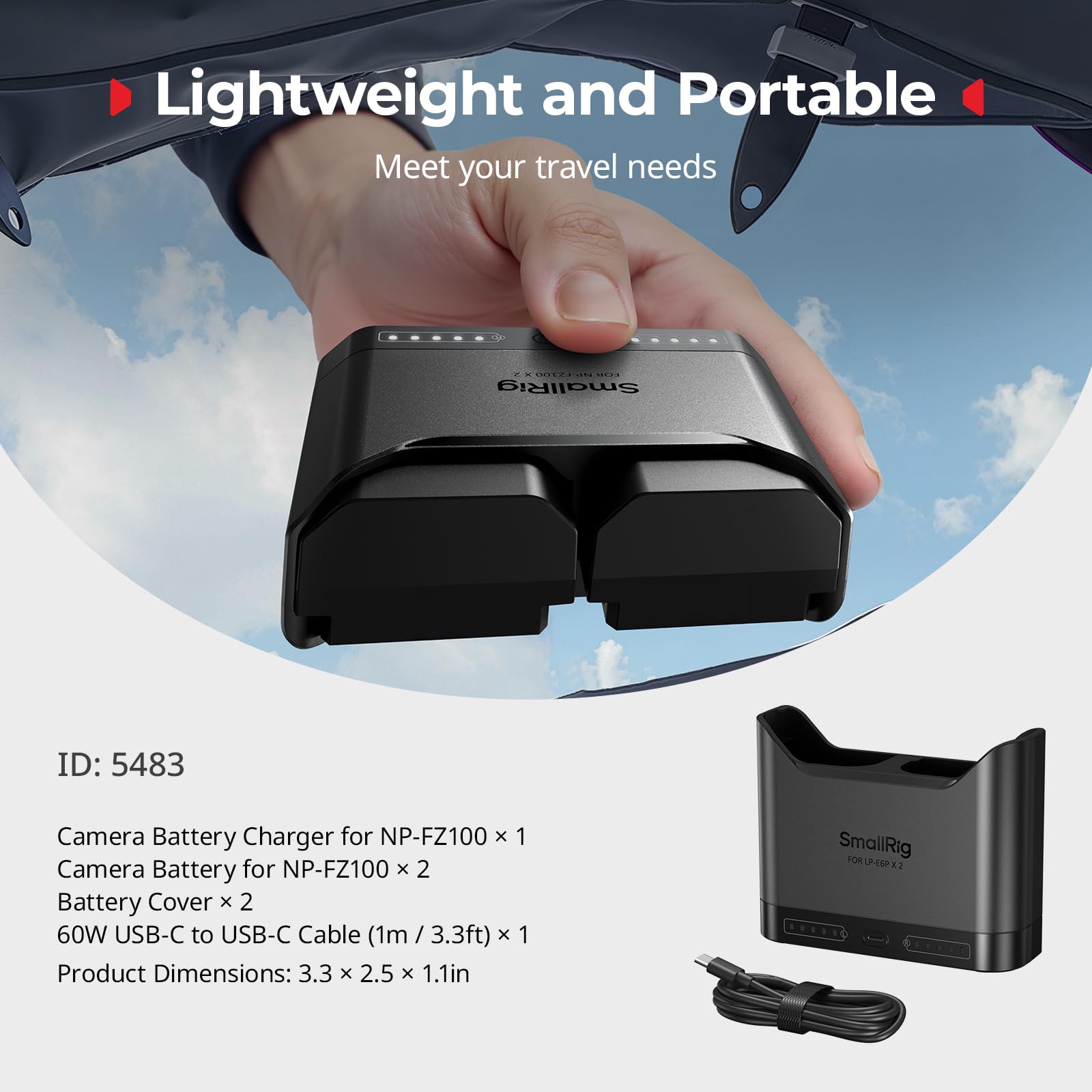 SMALLRIG NP-FZ100 Kamera-Akku Set für Sony, 22,5W-Doppel-Ladegerät mit 1940mAh-Akkus, Vollständig für Sony Alpha A7III, A7IV, A6700, FX3, FX30, A9, A7C, A7CII, A7RIII, ZV-E1 und ZV-E10II - 5483