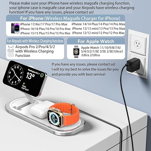 Miniatura 2 de 3 in 1 Fast Wireless Charger Stand for iPhone, Foldable Travel Charging Station for Magsafe for iPhone 17/Air/16/15/14/13/12 Series, Apple Watch