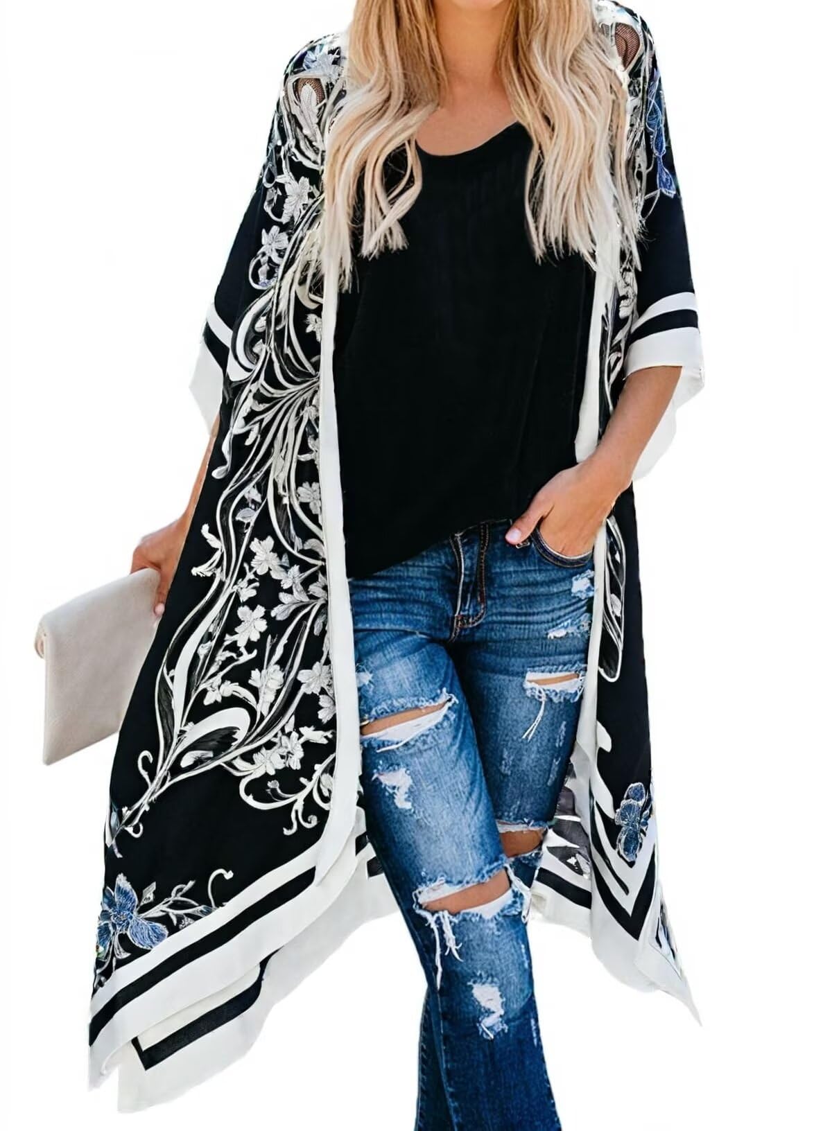 DokotooWomens 2024 Fashion Print Kimono Tassel Casual Cardigan Loose Cover up