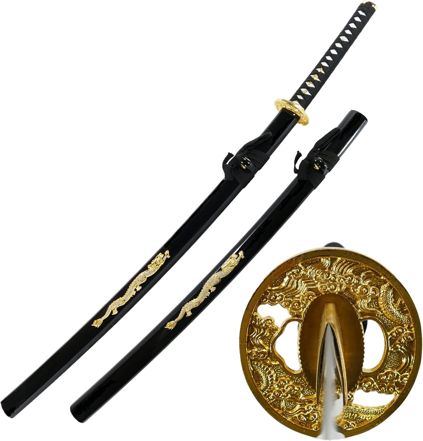Makoto Hand Forged Sharp Samurai Sword - Crystal Golden Dragon on Saya