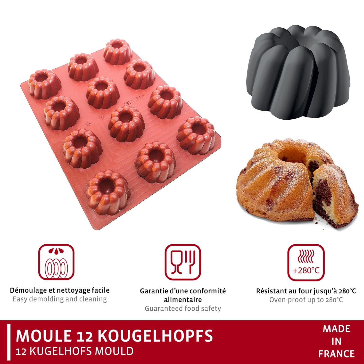 Maé, Molde de silicona para kougelhopf de 12 celdas, 64 ml, Fabricado en Francia, 28x37 cm