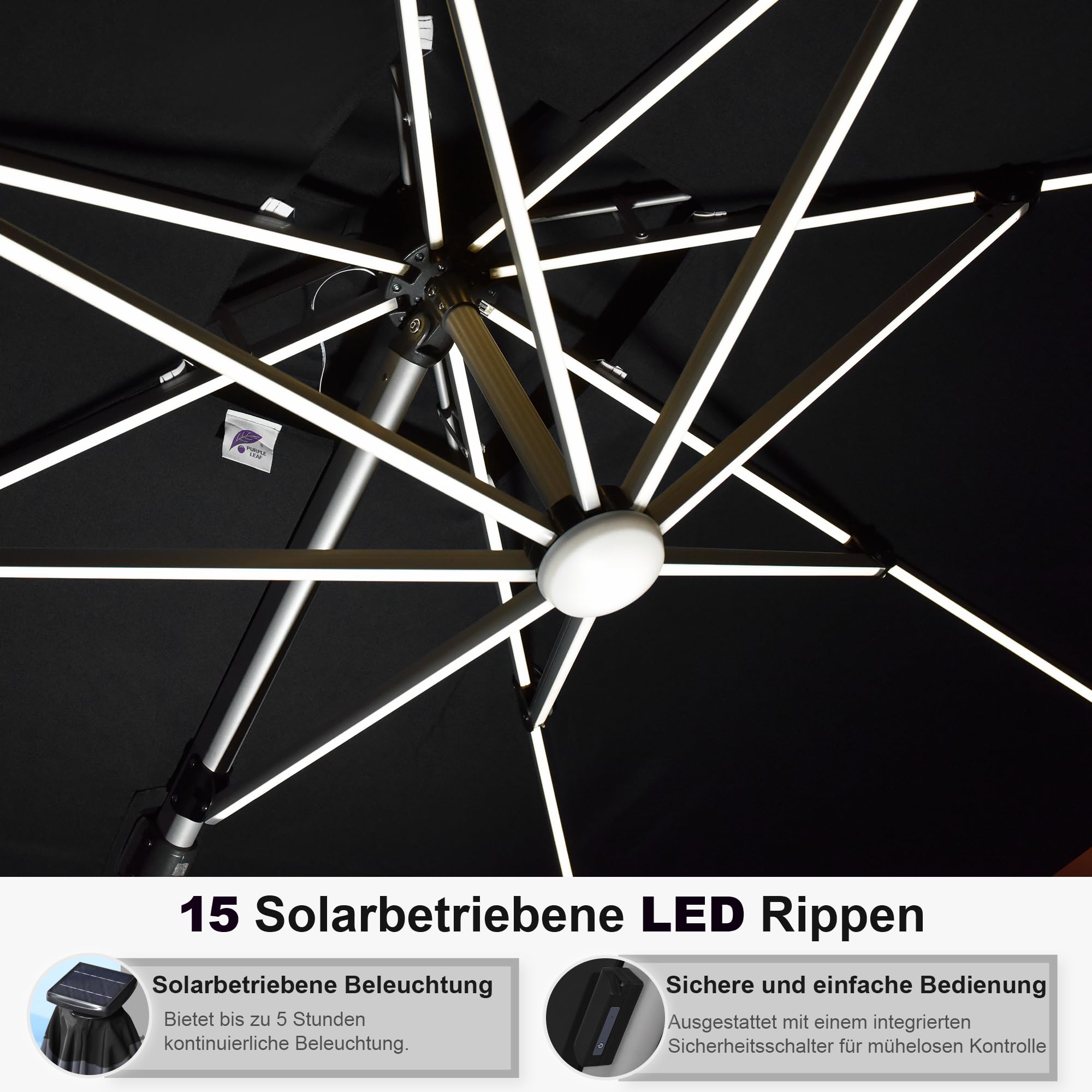 PURPLE LEAF Sonnenschirm mit LED Solar Beleuchtung Ampelschirm 300 x 300 cm Marktschirm Groß 360°Rotation, Gartenschirm mit Kurbel, Balkonschirm XXL, Sonnenschutz UV50+, Grau