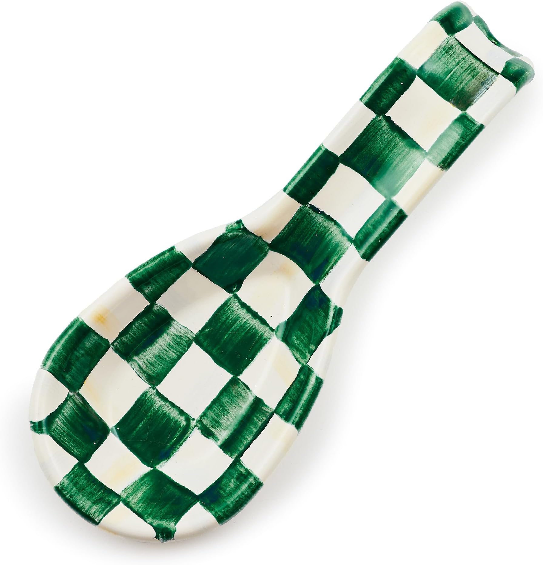 MACKENZIE-CHILDS Enamel Spoon Rest, Kitchen Utensil Rest and Spoon Holder, Kitchen Decor, Green-and-White Emerald Check