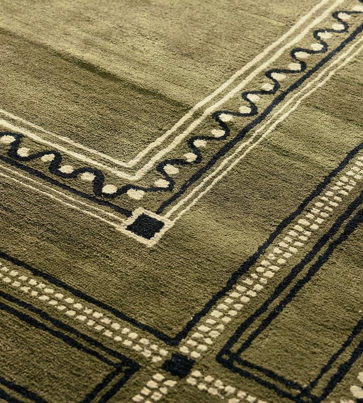 Olive Green Traditional Area Rug – 100% New Zealand Wool – Black Border Geometric Design – Premium Handmade Living Room & Bedroom Carpet (Size: 9x12ft)
