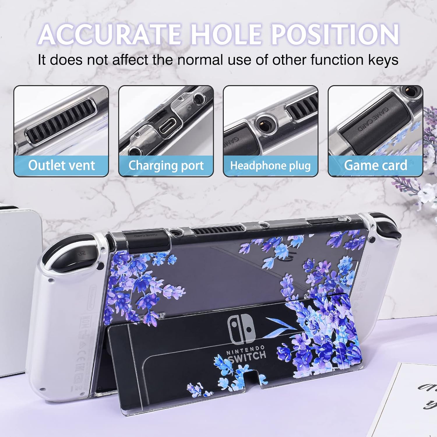 DLseego Floral Flower Case for Nintendo Switch OLED with Cute Purple Lavender Pattern for Women Girls, Anti-Scratch Dockable Clear Hard Shell Soft Shock-Absorption TPU Joy Con Cover - Image 4