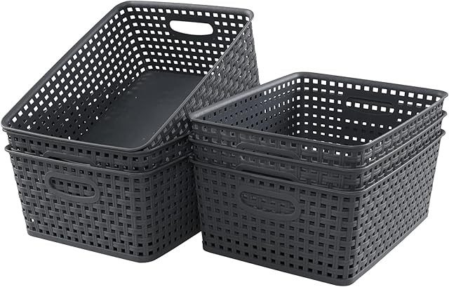 Ortodayes Weave Storage Basket, 6 Pack Small Plastic Baskets, Dark Grey, 8 L